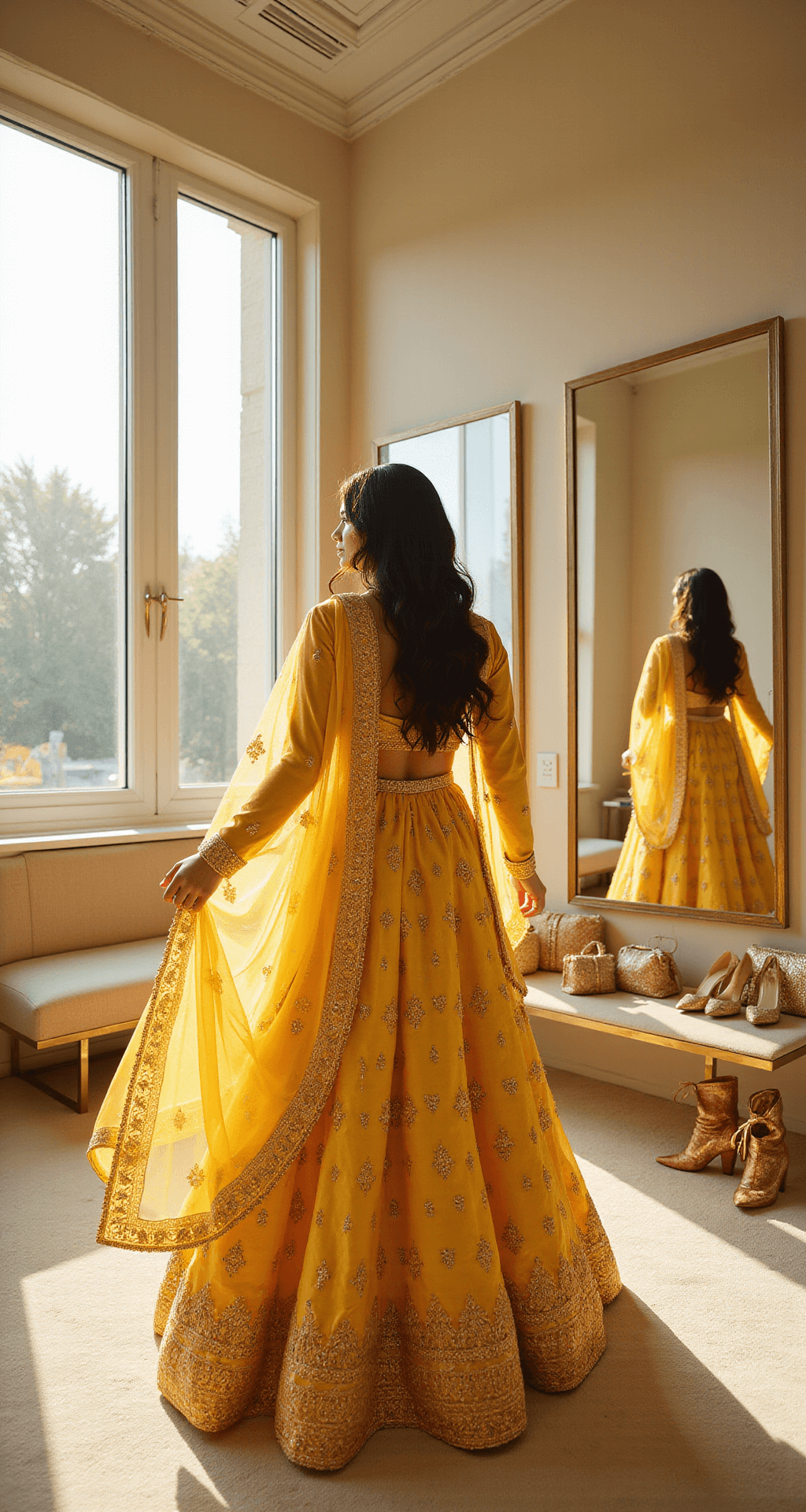 Looking Flawless at Your Sister's Engagement: A Style That Won't Steal the Show A young woman twirls in a flowing yellow lehenga with intricate gold embroidery in a sunlit luxury boutique fitting room, with floor-to-ceiling windows and triple mirrors reflecting the soft natural light.