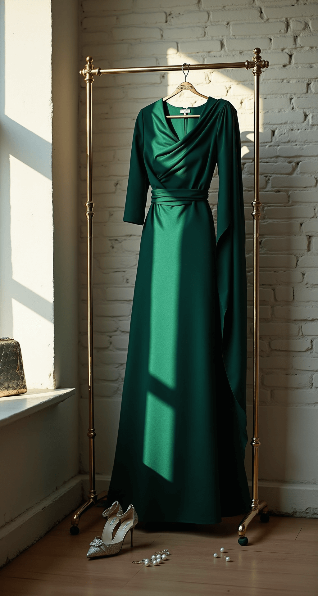 Looking Flawless at Your Sister's Engagement: A Style That Won't Steal the Show A sophisticated deep emerald green saree-gown drapes elegantly on a brass clothing rack against a whitewashed brick wall, accompanied by crystal-embellished stilettos, pearl drop earrings, and a metallic clutch, all illuminated by soft window light that casts dramatic shadows in a modern apartment interior.