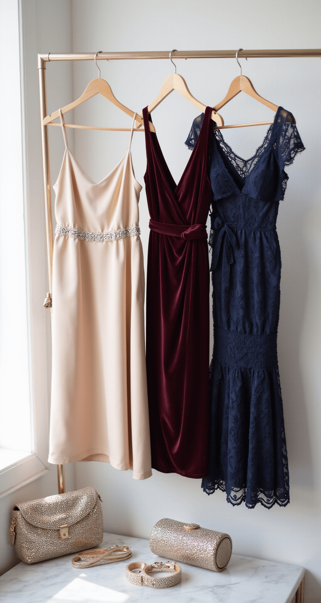 Looking Flawless at Your Sister's Engagement: A Style That Won't Steal the Show A minimalist bridal boutique bathed in morning light, featuring a styled rack of sister-of-the-bride dresses: a champagne silk slip dress, a burgundy velvet wrap gown, and a navy lace cocktail dress. Crystal accessories and metallic evening bags are elegantly displayed on a marble counter, emphasizing texture in a clean composition.