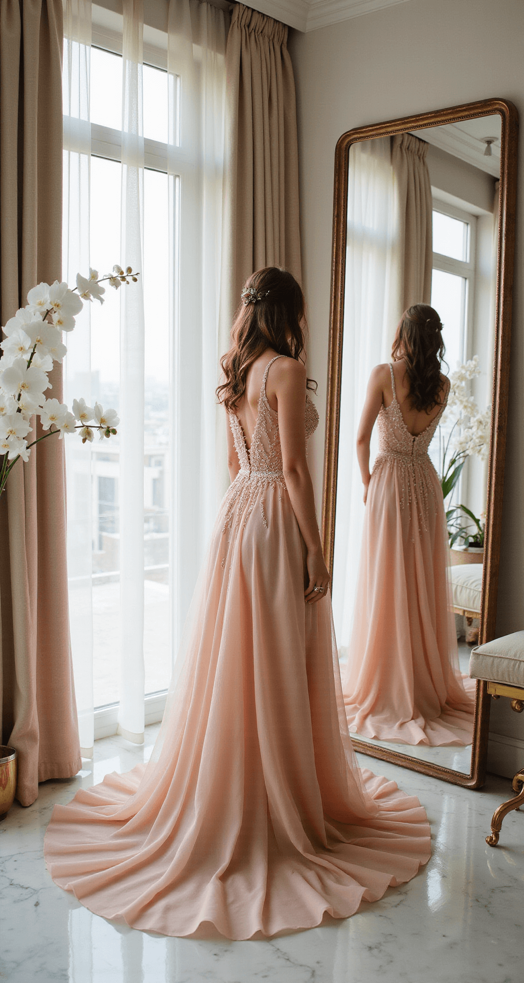 Looking Flawless at Your Sister's Engagement: A Style That Won't Steal the Show A luxurious penthouse dressing room featuring a blush tulle gown adorned with delicate beading, complemented by rose gold accessories. The scene showcases marble flooring, white orchids, and metallic accents, illuminated by natural light filtering through sheer curtains.