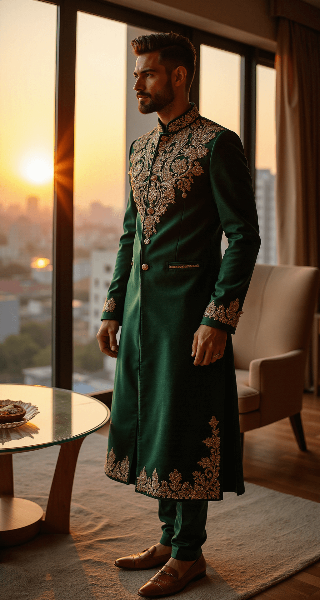 10 Stunning Engagement Dress Ideas for the Modern Groom A male model in an emerald green sherwani poses in a luxury penthouse during sunset, with Mumbai's skyline visible through floor-to-ceiling windows, showcasing intricate threadwork and embellishments.