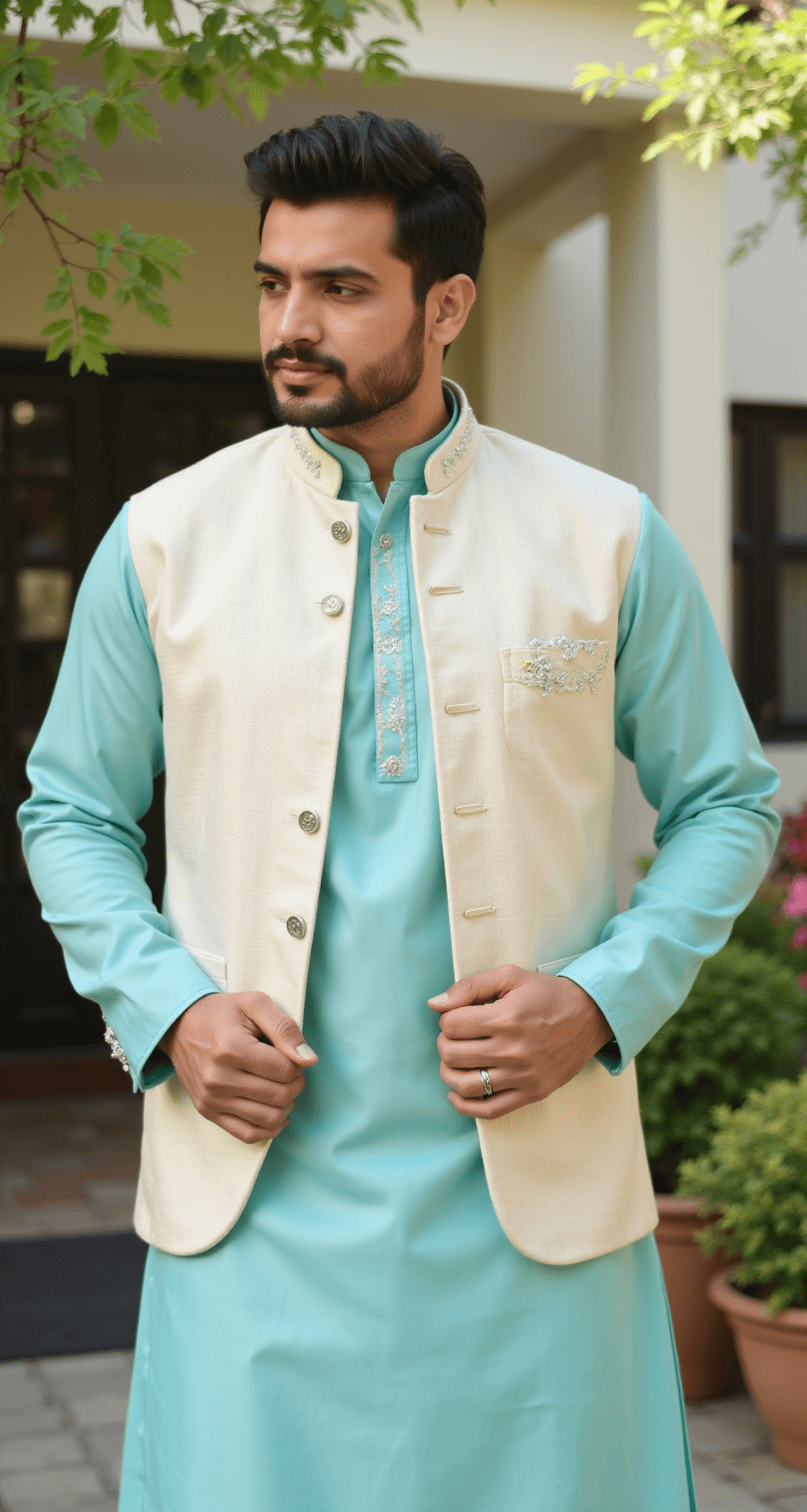 10 Stunning Engagement Dress Ideas for the Modern Groom A male model in a powder blue kurta set with silver detailing and a cream Nehru jacket poses in a bright morning garden courtyard, with dappled sunlight highlighting the jacket's buttonwork and the kurta's texture, surrounded by fresh flowers and modern architecture in soft focus.