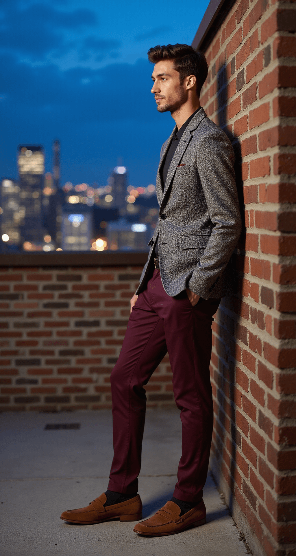 10 Stunning Engagement Dress Ideas for the Modern Groom A model in a textured grey blazer, tailored burgundy trousers, and brown suede loafers poses casually against an industrial brick wall during blue hour, with city lights twinkling in the background and strategic rim lighting accentuating the outfit's modern cut and pattern mixing.