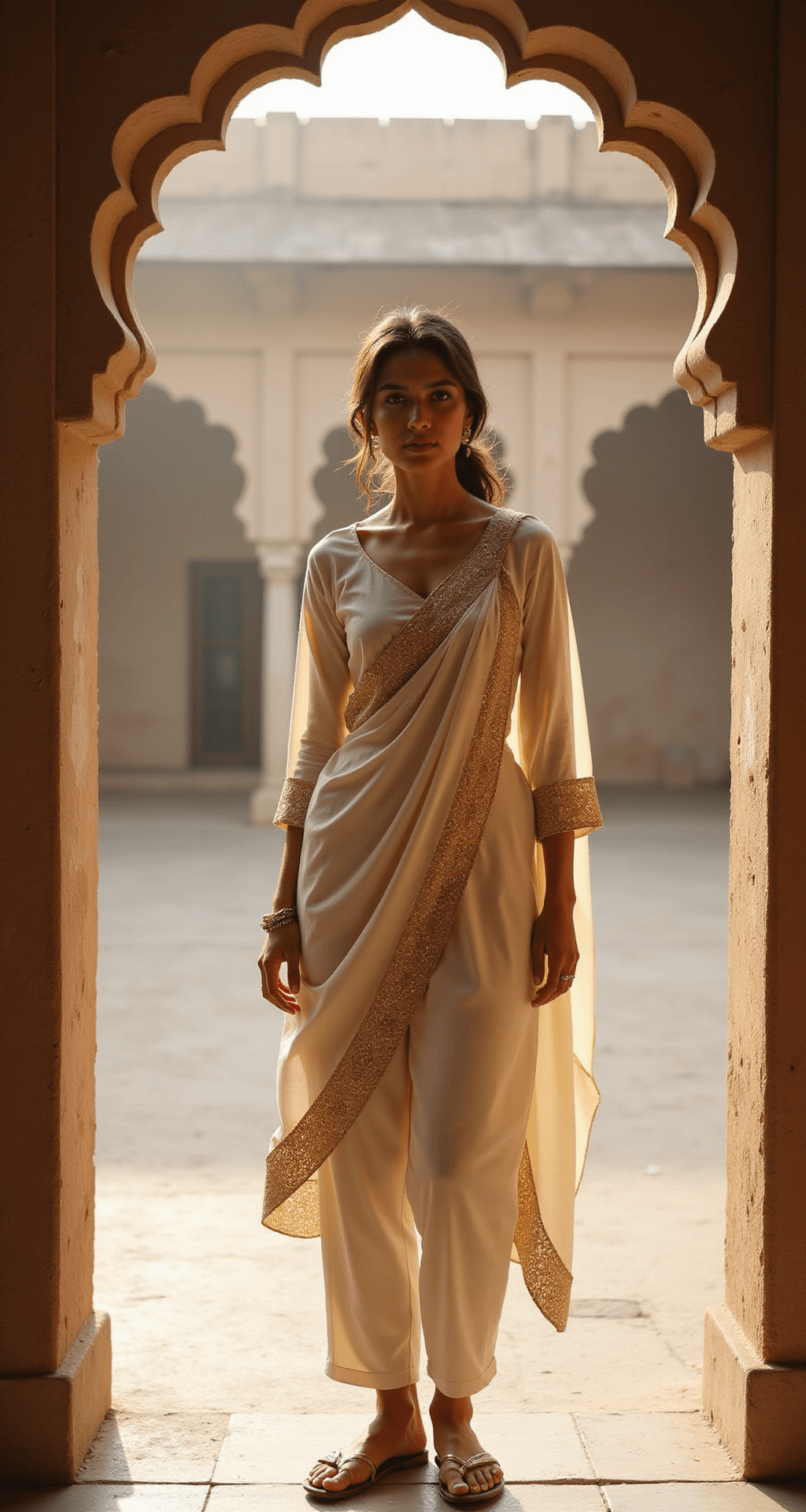 10 Stunning Engagement Dress Ideas for the Modern Groom A model dressed in an ivory and gold Indo-western ensemble stands in a traditional haveli courtyard at dawn, framed by archways. The outfit features a long asymmetric kurta with modern draping details and fitted trousers, bathed in soft morning light that enhances its fusion elements.