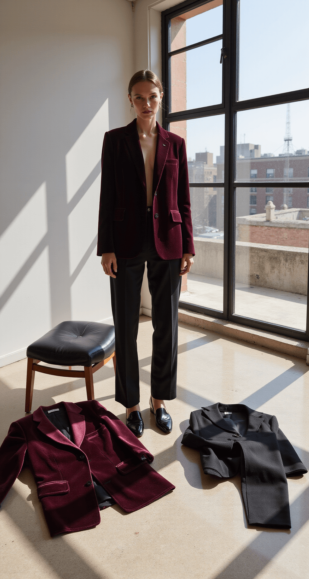 10 Stunning Engagement Dress Ideas for the Modern Groom A contemporary art gallery features floor-to-ceiling windows, with a model in a deep wine-colored velvet blazer and black trousers, showcasing the rich texture of the blazer. Late afternoon light casts long shadows, illuminating the scene. Various outfit elements are displayed on minimal furniture, providing styling options.