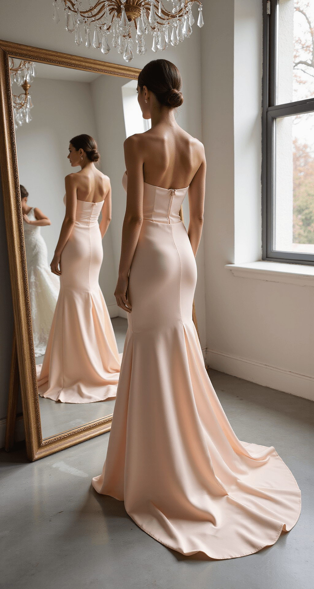 The Perfect Engagement Dress: Your Complete Style Guide for 2024 Model in a blush-toned silk charmeuse gown with asymmetric neckline stands before a triple mirror in a luxury bridal boutique, morning light illuminating the gentle draping of her dress, while sparkles from a crystal chandelier reflect off the fabric.