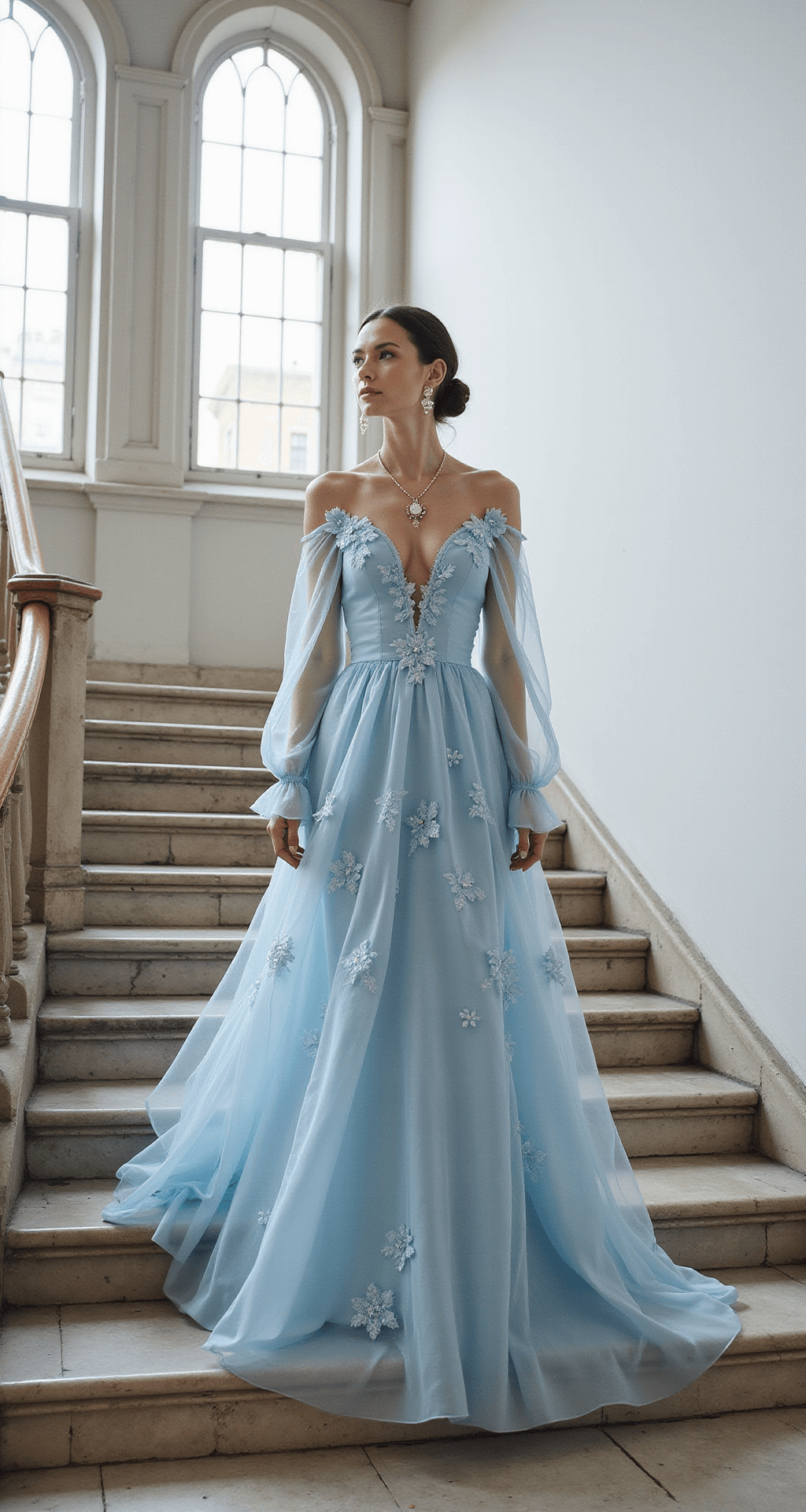 Creating Magical Moments: Styling Fairytale Dresses A model descends a grand marble staircase in a historic building, wearing a powder blue organza gown with floral appliques, complemented by long gossamer sleeves, a Victorian-inspired pendant necklace, and pearl drop earrings, all illuminated by natural light from tall windows, with clean white walls accentuating the scene.