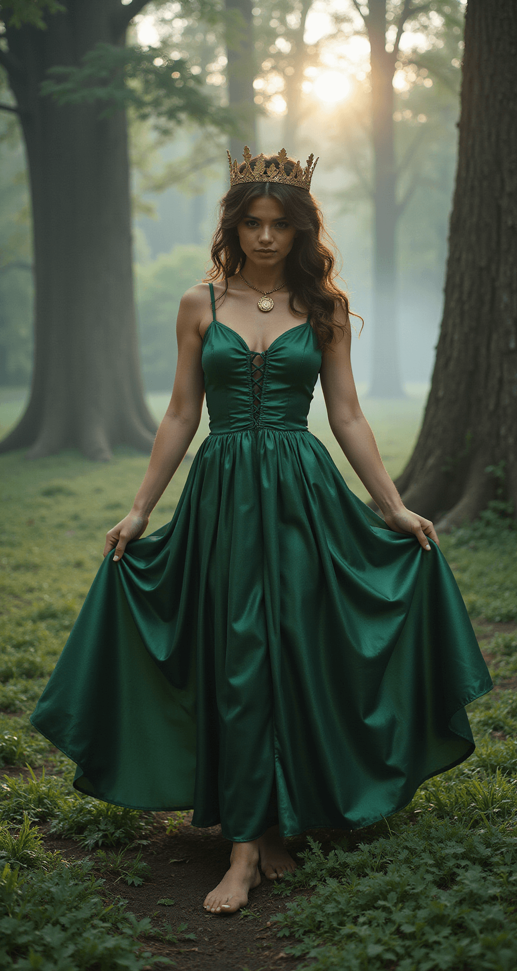 Creating Magical Moments: Styling Fairytale Dresses Model in emerald green silk gown with a romantic ruched bodice stands in an enchanted forest at dawn, surrounded by morning mist and filtered sunlight through ancient trees, wearing a gold leaf crown and vintage brass locket, with bare feet grazing dewy grass as the dress flows behind, captured in a dreamy atmosphere with a telephoto lens.