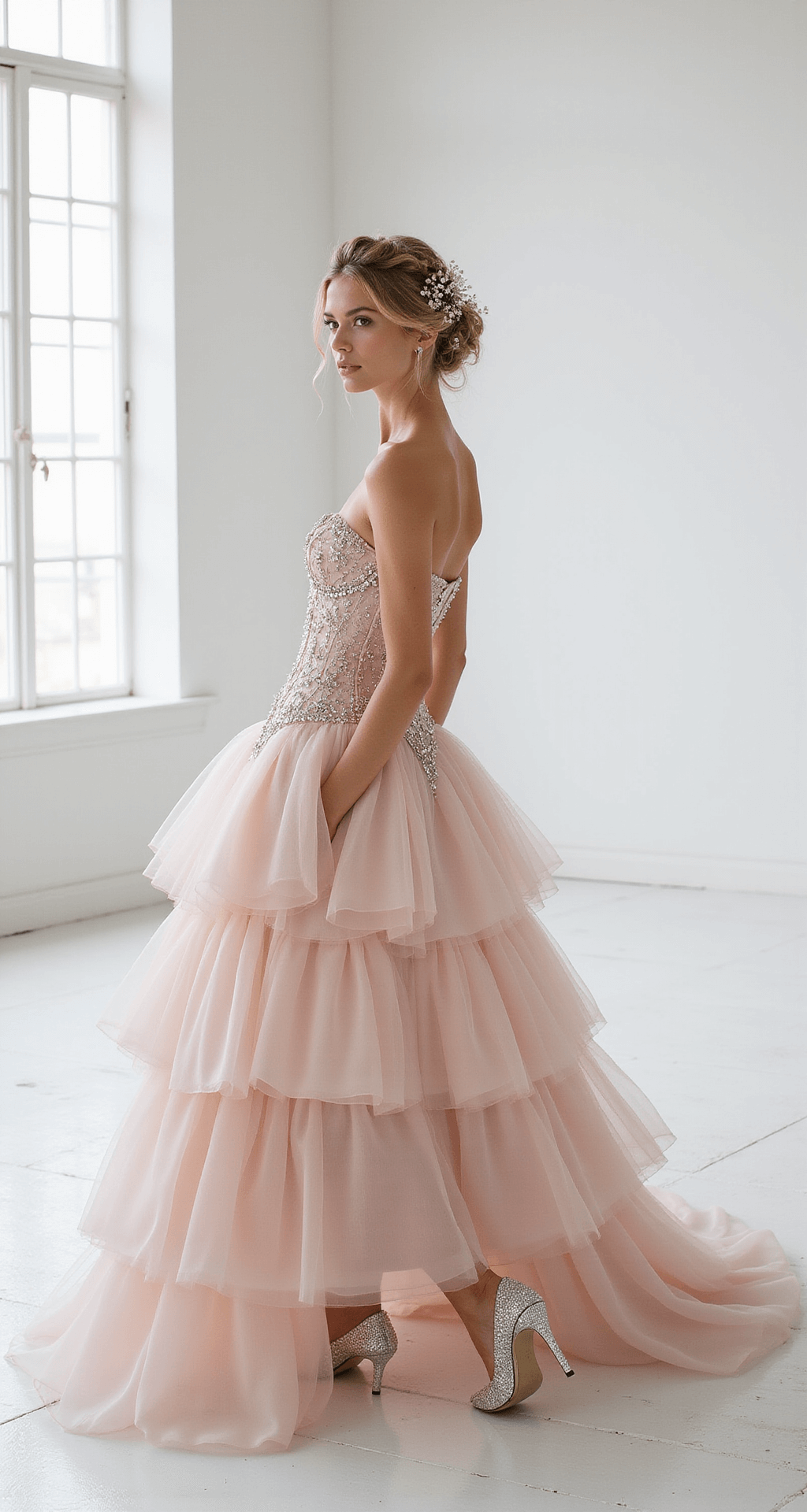 Creating Magical Moments: Styling Fairytale Dresses A model in a blush pink tulle ballgown with a corseted bodice and crystal embellishments stands in a minimalist white studio with floor-to-ceiling windows, showcasing an elaborate braided updo adorned with fresh baby's breath flowers, while silver filigree shoes are visible beneath the layers of her skirt; the composition emphasizes negative space and the dress silhouette with soft, even lighting.