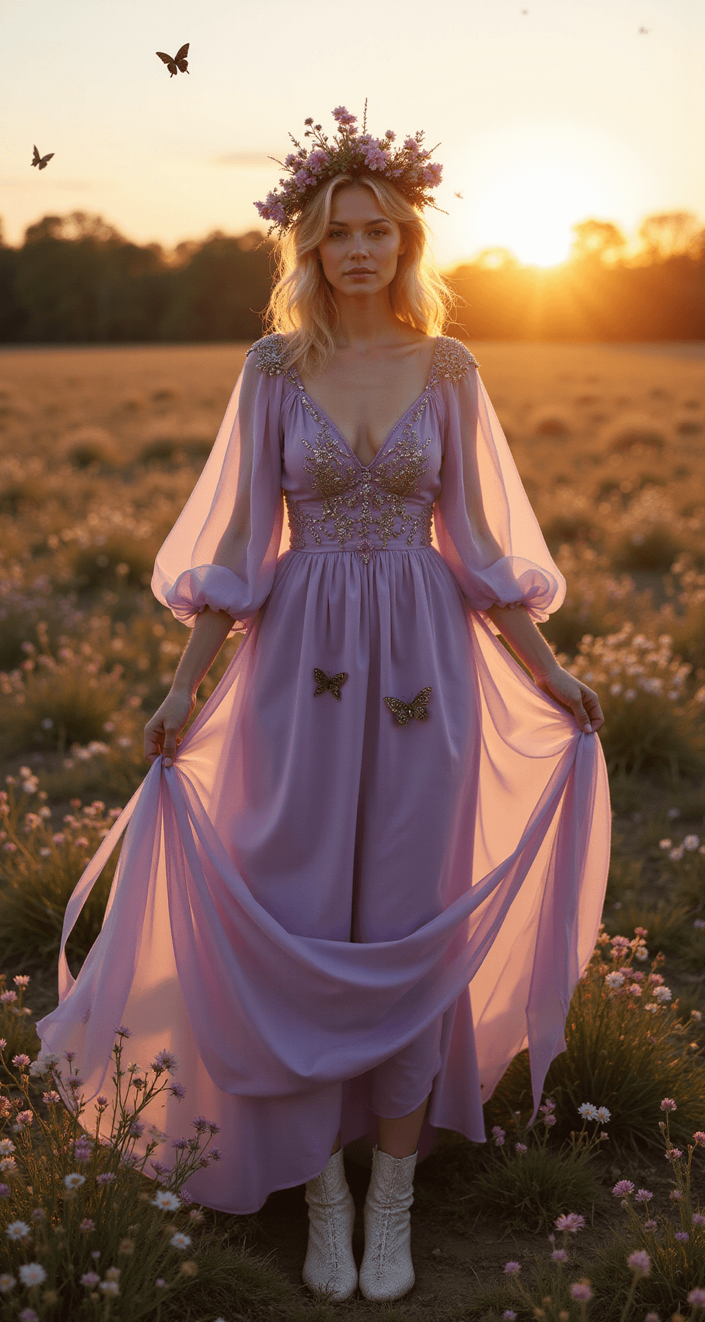 Creating Magical Moments: Styling Fairytale Dresses A model in a lavender chiffon gown with cape sleeves and beaded butterflies poses in a wildflower meadow at sunset, wearing a crown of dried flowers and vintage lace boots, with long ribbon streamers billowing in the breeze and golden backlight creating a magical glow.