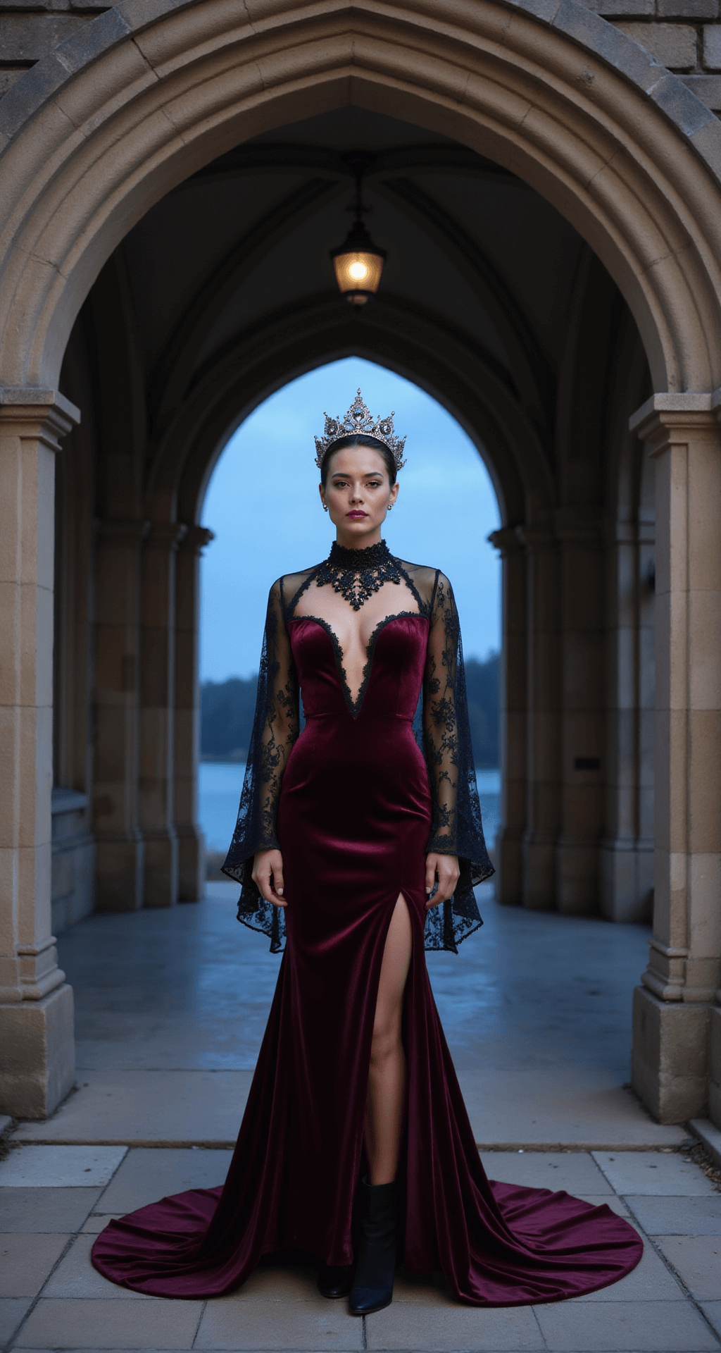 Creating Magical Moments: Styling Fairytale Dresses A model in a deep burgundy velvet gown with a dramatic train stands in a gothic stone archway entrance at blue hour, adorned with an antique silver crown and a matching choker necklace, while black suede boots peek from beneath the gown's hem; moody lighting highlights the archway's architectural details and emphasizes symmetry.