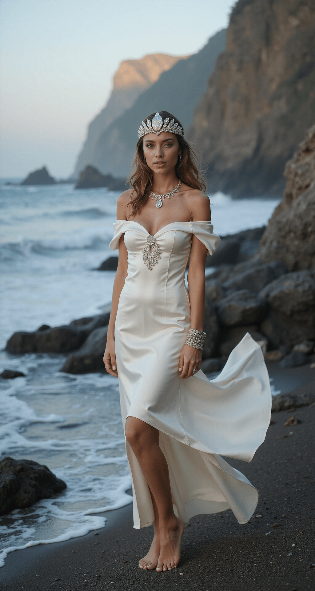 Creating Magical Moments: Styling Fairytale Dresses Model in a pearl white silk dress stands on rocky seaside cliffs at dawn, with misty ocean in the background, wearing a shell-encrusted crown and iridescent jewelry, barefoot as her dress flows in the sea breeze, captured from a low angle in cool morning light.