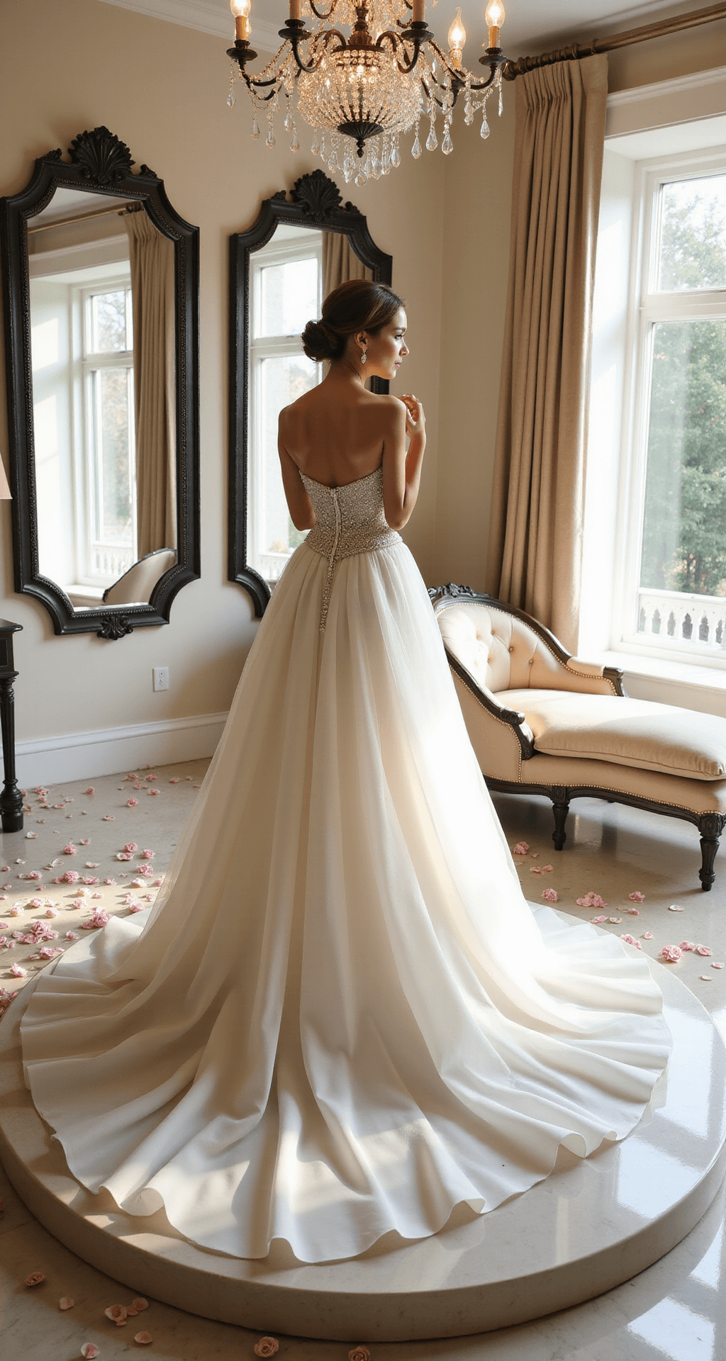 Create Your Perfect Fairytale Wedding Dress Look: A Princess-Inspired A bride-to-be in a classic princess ballgown stands on a pedestal in an elegant bridal boutique, surrounded by mirrors and flooded with morning light, with scattered rose petals on a marble floor and a glimmering chandelier above.