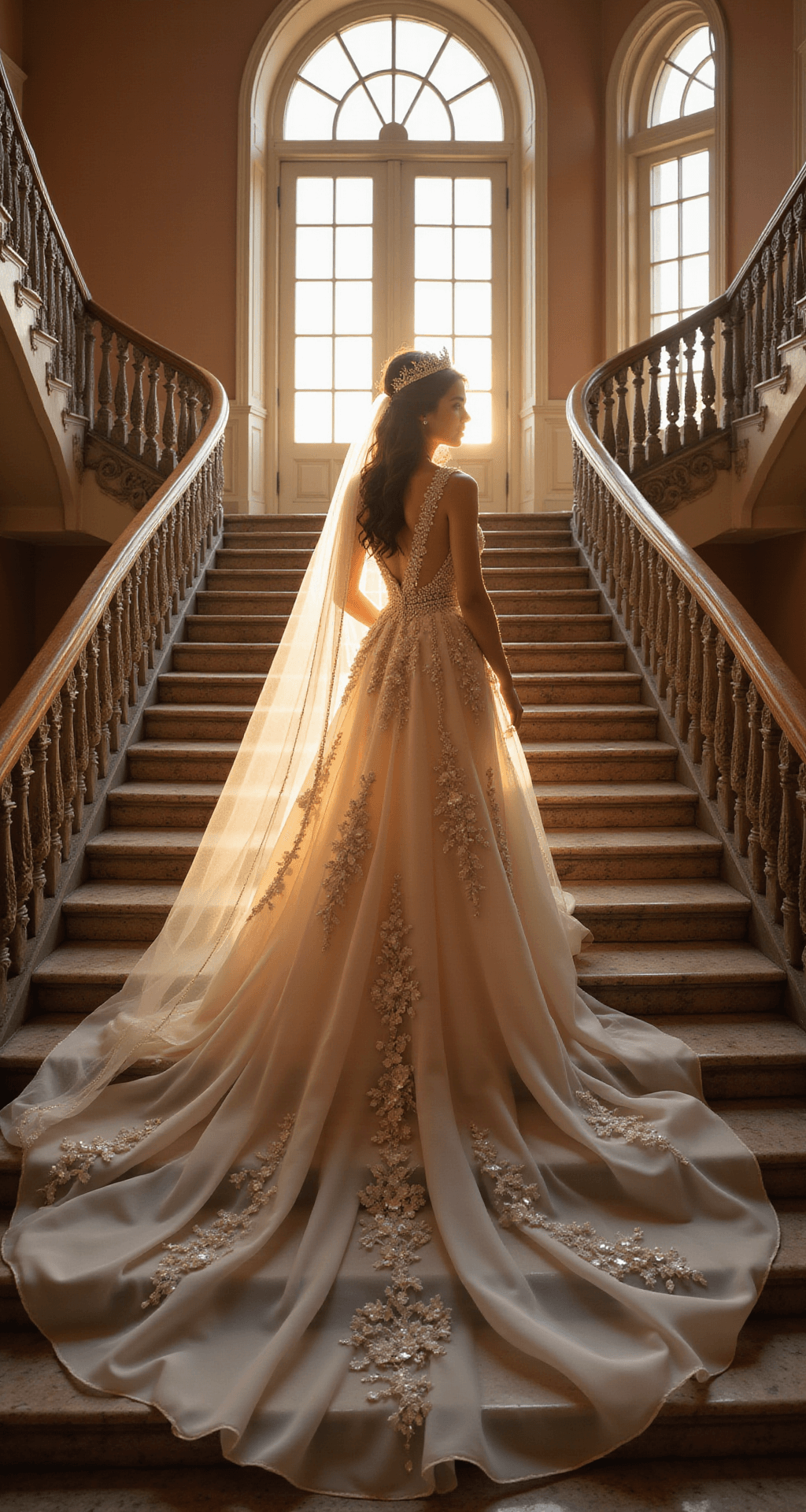 Create Your Perfect Fairytale Wedding Dress Look: A Princess-Inspired A model in a romantic princess gown descends grand marble steps of an ornate castle staircase at golden hour, her cathedral-length veil creating a halo effect in the sunset light, with a vintage crystal tiara and delicate floral appliques accentuating the dress's antique pearl beading.