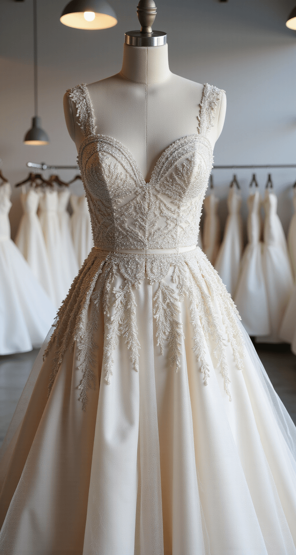 Create Your Perfect Fairytale Wedding Dress Look: A Princess-Inspired Close-up detail of a modern princess gown in a minimalist bridal salon, showcasing geometric lace patterns and a mixed-texture bodice. Dramatic shadows from industrial pendant lights enhance the elegant design.