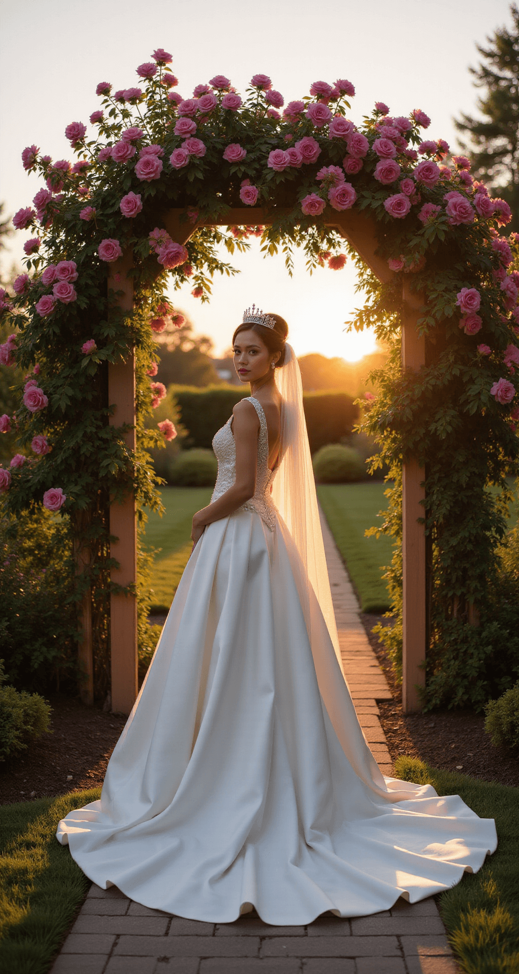 Create Your Perfect Fairytale Wedding Dress Look: A Princess-Inspired Bride in a classic princess silhouette stands against a blooming rose archway at twilight, wearing a tiara and a cathedral veil, with a simple satin ballgown that has subtle sparkles, captured with soft natural backlight.