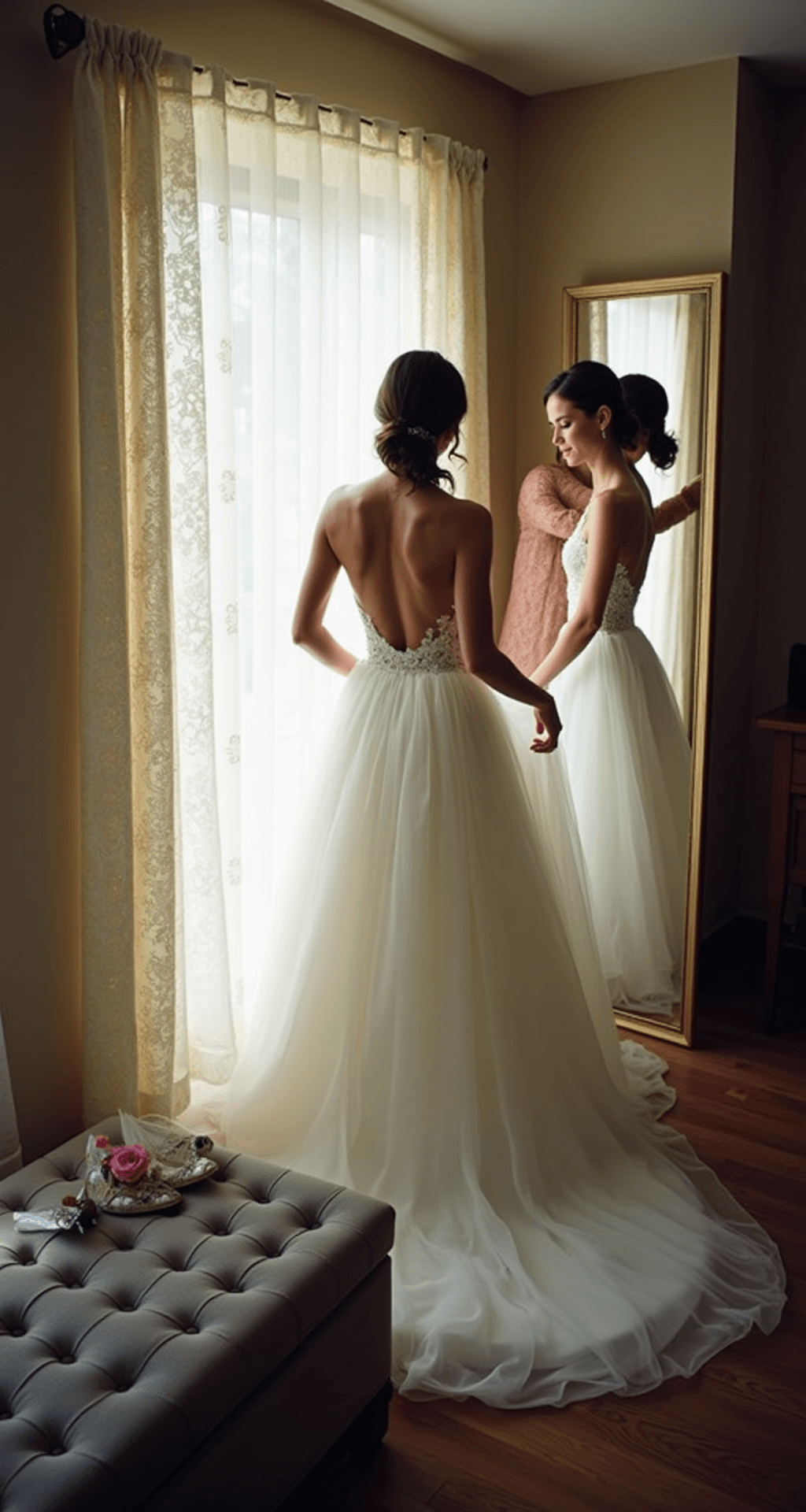 Create Your Perfect Fairytale Wedding Dress Look: A Princess-Inspired A bride admires her silhouette in a mirror as an assistant adjusts the layers of her tulle skirt in a cozy, intimate bridal boutique dressing room, with afternoon light filtering through lace curtains and scattered bridal accessories on a tufted ottoman.
