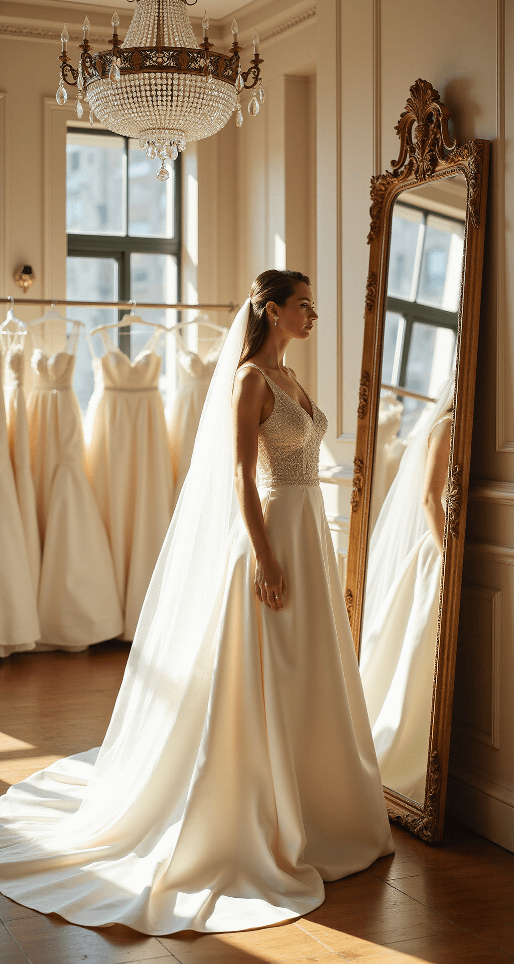 The Ultimate Guide to Fairytale Ballgown Wedding Dresses: Finding Your Perfect Princess Moment A bride in a classic ivory duchess satin ballgown poses beside a full-length mirror in a sunlit bridal boutique, with sunlight streaming through floor-to-ceiling windows and a crystal chandelier casting light patterns, while her cathedral veil floats softly around her.