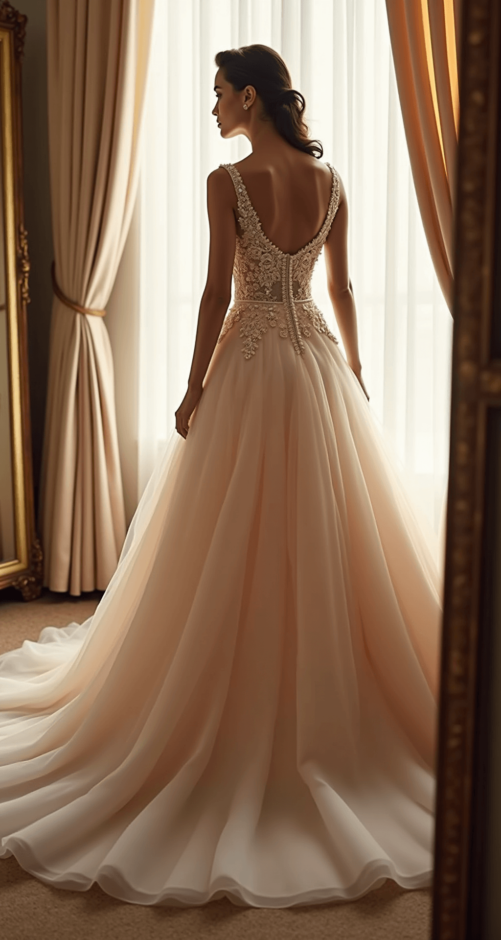 The Ultimate Guide to Fairytale Ballgown Wedding Dresses: Finding Your Perfect Princess Moment Close-up of a model in an hourglass-silhouette tulle ballgown with a layered skirt and hand-beaded bodice, set in an intimate fitting room with antique brass mirrors. Afternoon light filters through sheer curtains, illuminating delicate lace appliques and showcasing strategic boning and pearl embellishments on the bodice. The scene features a romantic pastel palette with champagne and blush undertones.