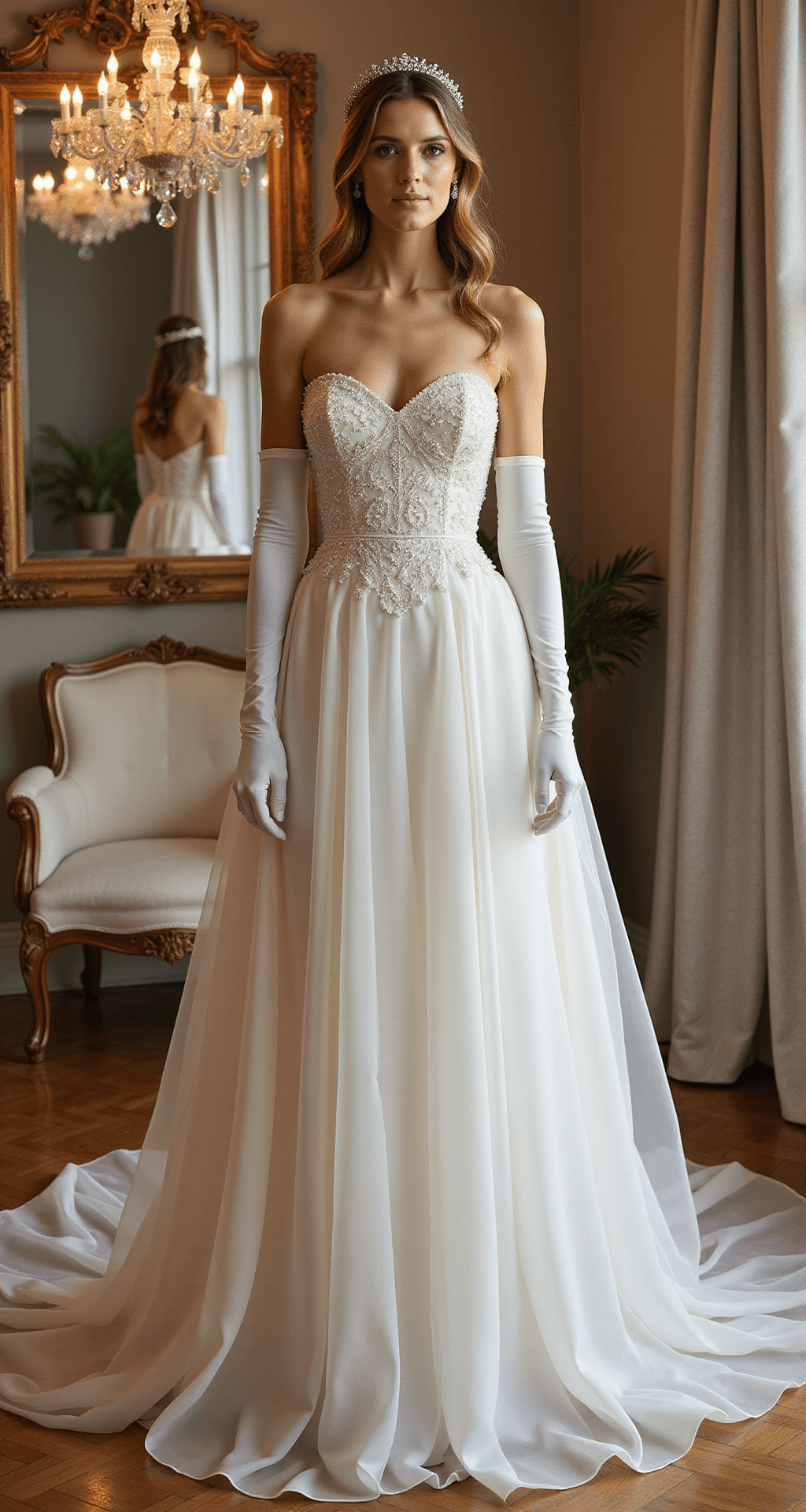 The Ultimate Guide to Fairytale Ballgown Wedding Dresses: Finding Your Perfect Princess Moment An elegant bridal salon corner features a model in a pear-shaped A-line gown with a sweetheart neckline, highlighted by golden hour lighting. She wears opera-length gloves and a crystal tiara, with the full dress elegantly showcased in a wide-angle shot. A crystal-drop chandelier adorns the background, complemented by ivory, silver, and soft gold tones.