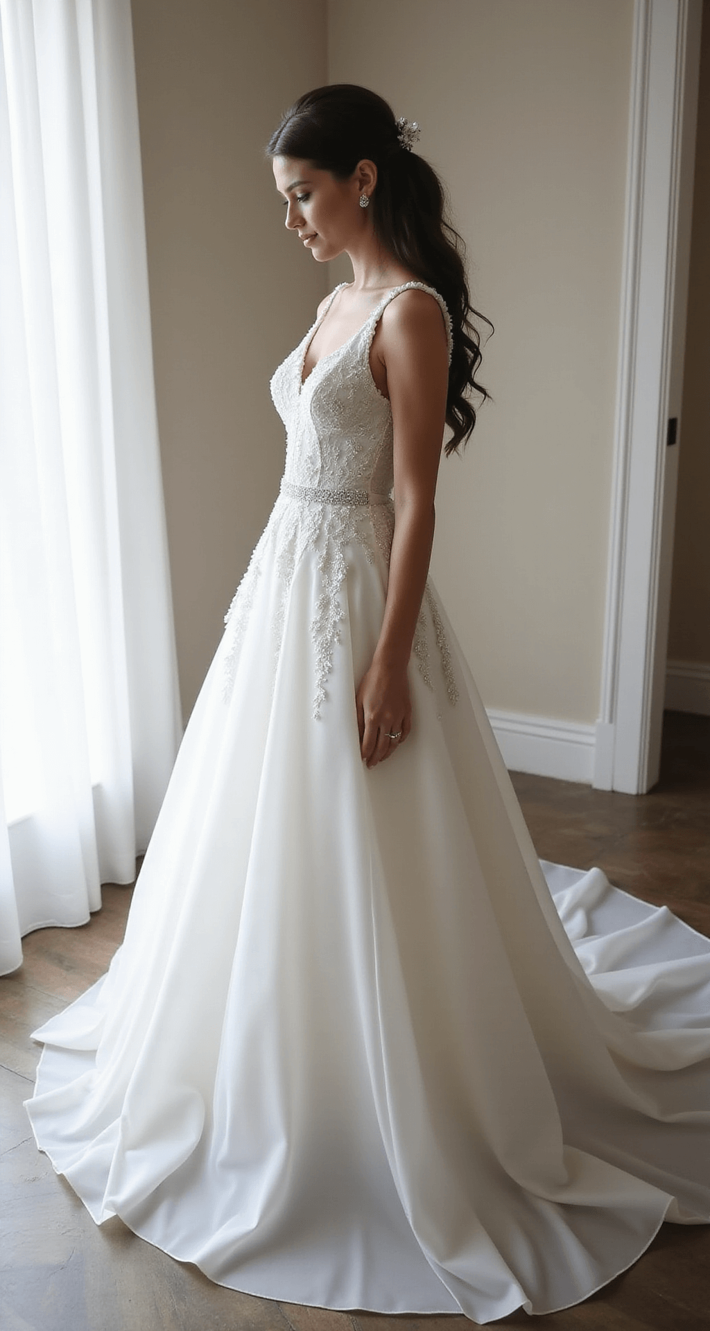 The Ultimate Guide to Fairytale Ballgown Wedding Dresses: Finding Your Perfect Princess Moment Petite bride in a carefully proportioned ballgown with an empire waistline, featuring clean lines and an ornate lace overlay, captured in natural window light that highlights the subtle sparkle of the skirt. The image showcases a side profile with perfect volume proportions in a crisp white and silver palette.