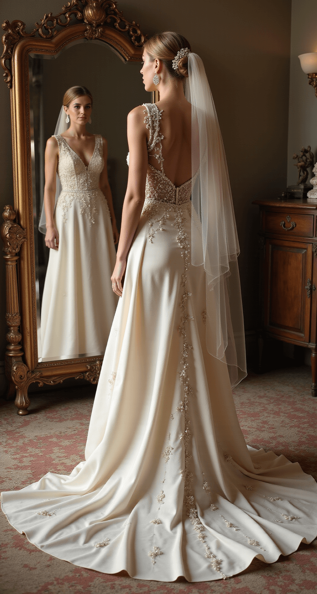 The Ultimate Guide to Fairytale Ballgown Wedding Dresses: Finding Your Perfect Princess Moment A model in a Victorian-inspired dressing room tries on a luxury designer gown with a dramatic train, while a vintage floor mirror reflects the intricate back detail of the dress. Soft lighting highlights the beadwork and fabric texture, alongside statement earrings and a chapel-length veil arranged artfully, all in rich cream, pearl, and antique gold hues.