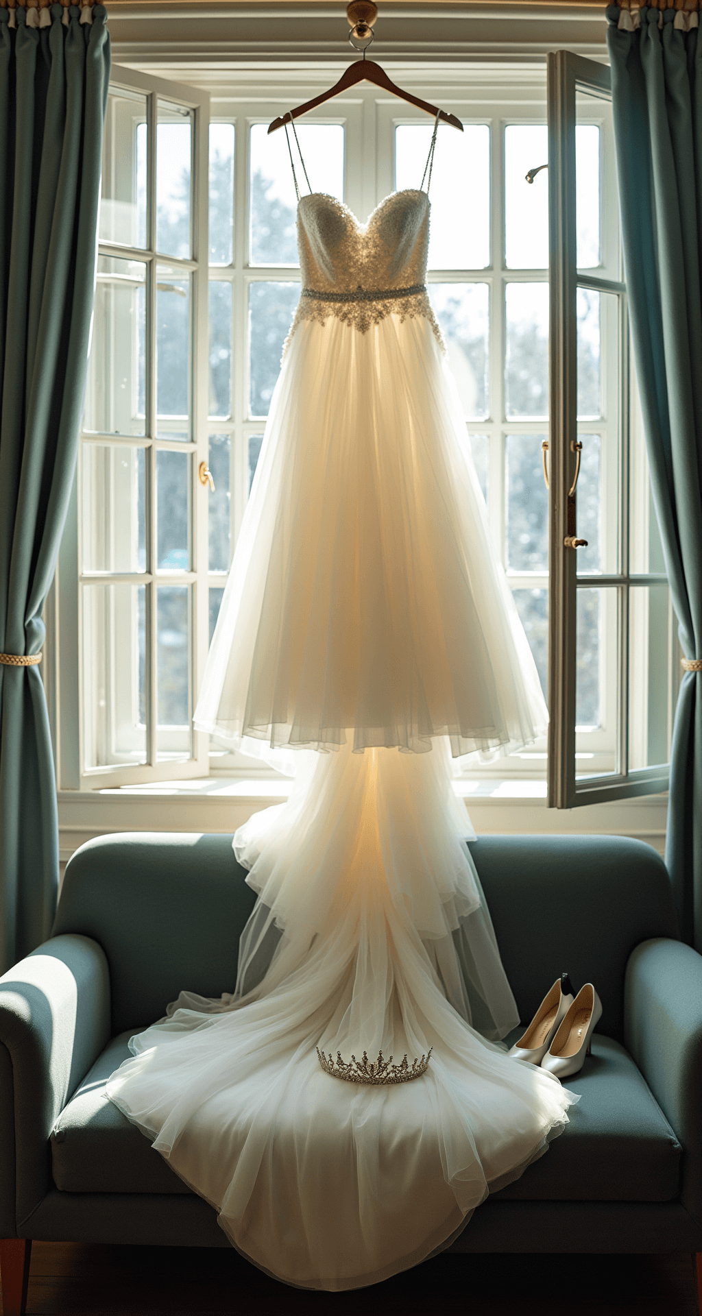 The Ultimate Guide to Fairytale Ballgown Wedding Dresses: Finding Your Perfect Princess Moment An airy bridal preparation room bathed in morning light, featuring a wedding dress on a custom hanger with a full tulle skirt, and accessories including a tiara, shoes, and jewelry artfully arranged on a velvet settee, all depicted in ethereal white and pale blue tones from an overhead perspective.