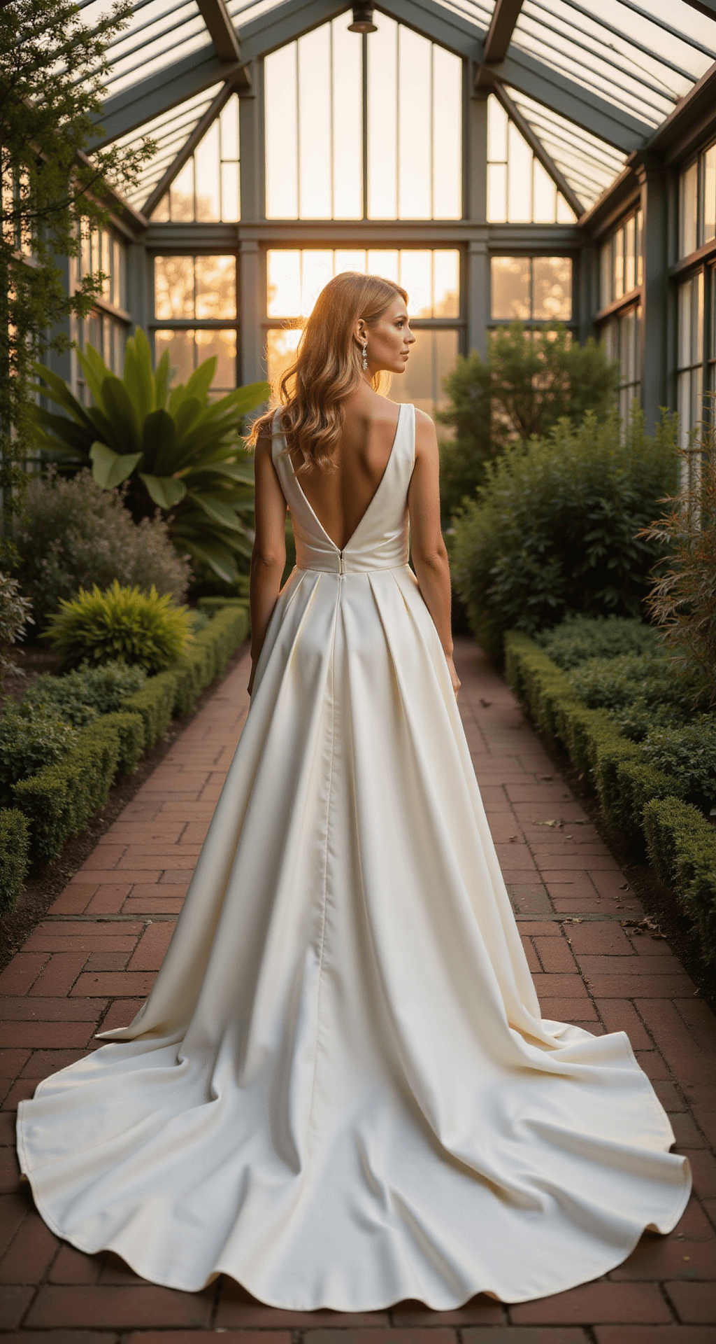 The Ultimate Guide to Fairytale Ballgown Wedding Dresses: Finding Your Perfect Princess Moment A bride in a classic ballgown with a dropped waistline poses in a garden conservatory during sunset, with intricate lighting from the glass ceiling illuminating her dress details and the train. Lush green foliage contrasts with her ivory gown, creating an elegant and romantic atmosphere.