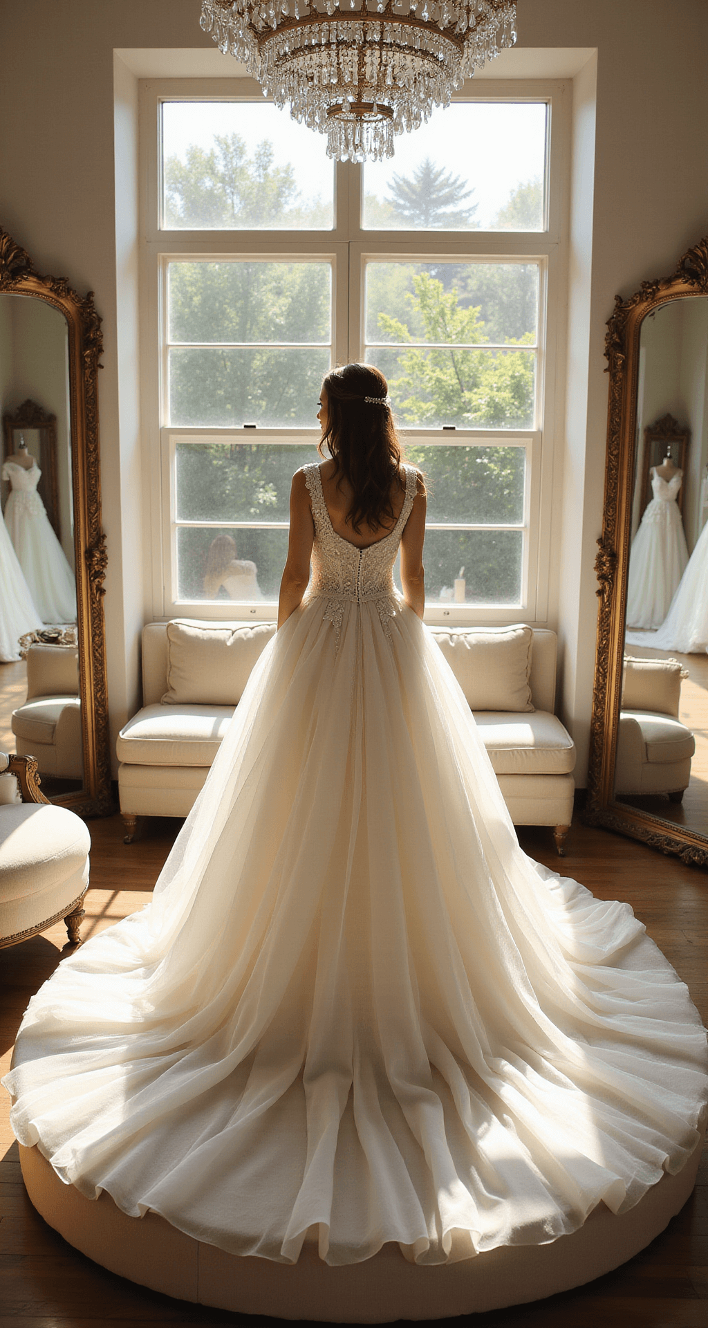 Creating Your Fairytale Wedding Dress Moment A bride in an ivory ballgown stands on a platform before triple mirrors in a sunlit bridal boutique, with a crystal chandelier casting light patterns on her dress, surrounded by plush cream seating and softly blurred wedding gowns.