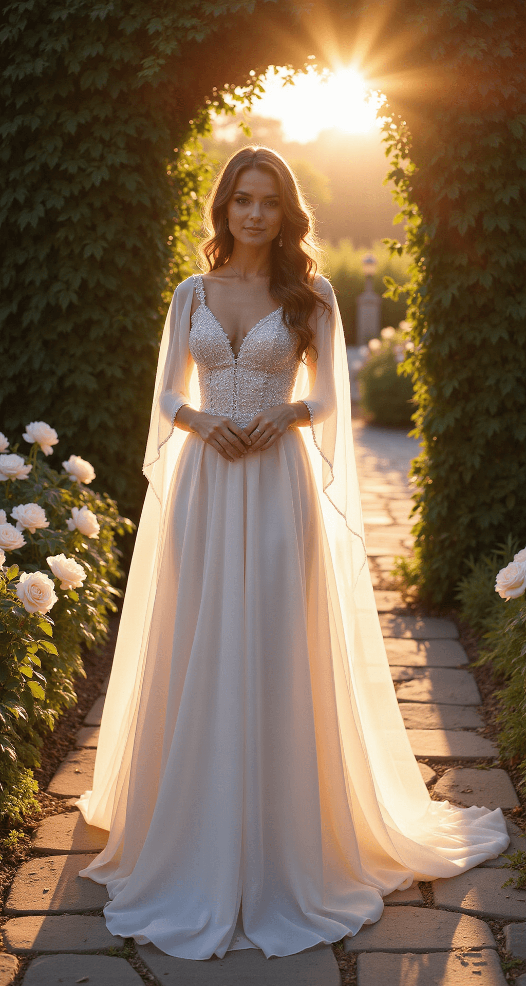 Creating Your Fairytale Wedding Dress Moment A bride in a flowing A-line gown with a beaded bodice and sheer cape stands in an ethereal garden during golden hour, her dress glowing in the late afternoon light. A stone pathway lined with blooming roses leads to an ivy-covered archway, captured from slightly below eye level with a soft peachy-golden color palette.