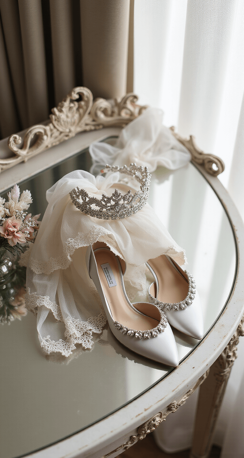 Creating Your Fairytale Wedding Dress Moment Close-up of a vintage mirrored vanity featuring wedding accessories: a crystal-encrusted tiara, pearl-drop earrings, delicate lace-trimmed veil, and satin shoes with crystal buckles, all illuminated by soft diffused light from sheer curtains. The scene is shot overhead with a dramatic depth of field, in a cream and silver color palette with crystal accents.