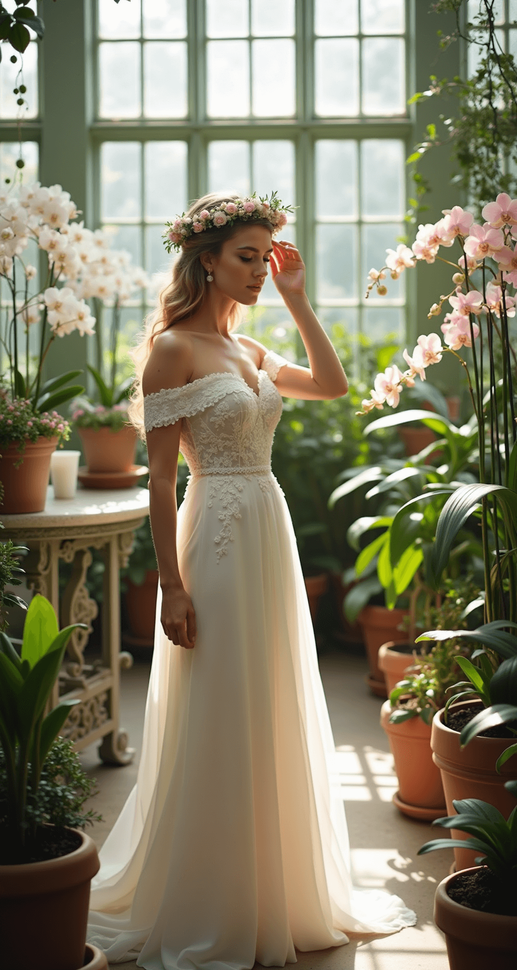 Creating Your Fairytale Wedding Dress Moment A bride in a romantic off-shoulder gown adorned with organic lace details is trying on a delicate flower crown in a sun-filled garden conservatory. Surrounded by potted orchids and trailing vines, large windows create a natural spotlight effect, while the soft focus background enhances the botanical greens and whites with blush accents.