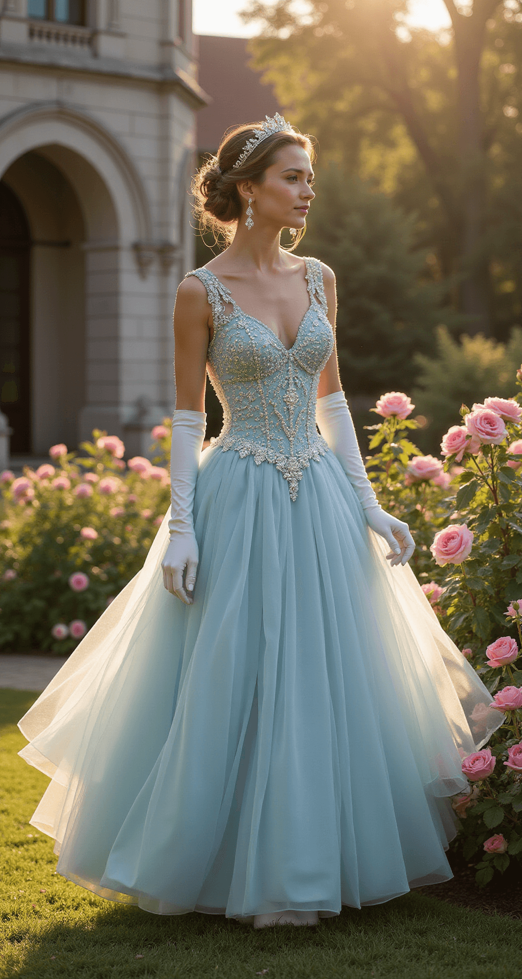The Perfect Fairytale Princess Look A young woman in a powder blue tulle ballgown twirls among blooming roses in a sunlit castle garden at golden hour, her intricate dress catching the light, paired with a delicate tiara and satin gloves, framed by stone architecture and flowering archways.