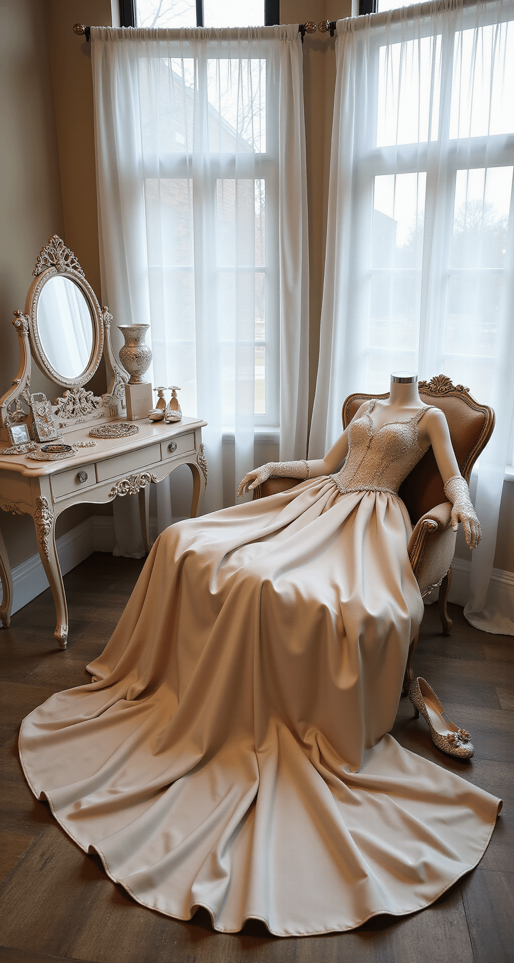 The Perfect Fairytale Princess Look A dreamy indoor studio with sheer white curtains diffusing natural light, featuring a champagne-colored ballgown on a vintage chaise lounge, surrounded by a vanity showcasing a crystal tiara, satin gloves, delicate jewelry, and metallic heels.