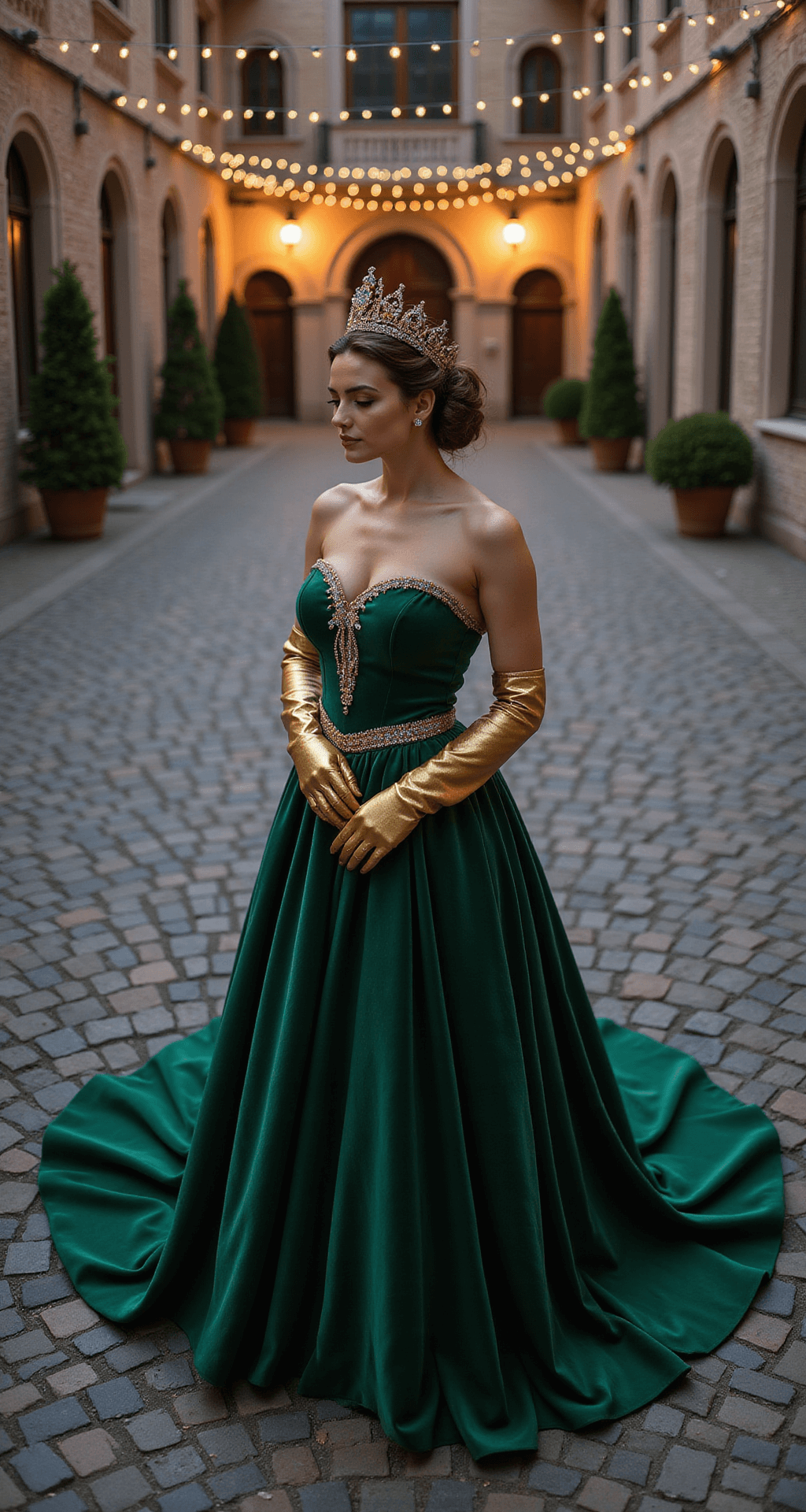 The Perfect Fairytale Princess Look Aerial view of a model in an emerald green velvet ballgown with gold embroidery, surrounded by twinkling string lights in a historic stone courtyard at dusk, showcasing the circular pattern of the dress on ancient cobblestones, complemented by an antique gold crown, long gold gloves, and matching heels.