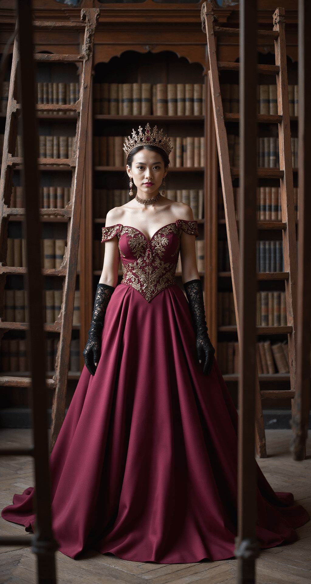 The Perfect Fairytale Princess Look A model in a deep burgundy taffeta ballgown with gold brocade details stands in a vintage library surrounded by floor-to-ceiling bookshelves. She wears an antique ruby and gold crown and matching drop earrings, with black lace gloves adding a gothic touch. The image is framed by the rungs of a library ladder, highlighting the gown's rich color against the dark wood backdrop.