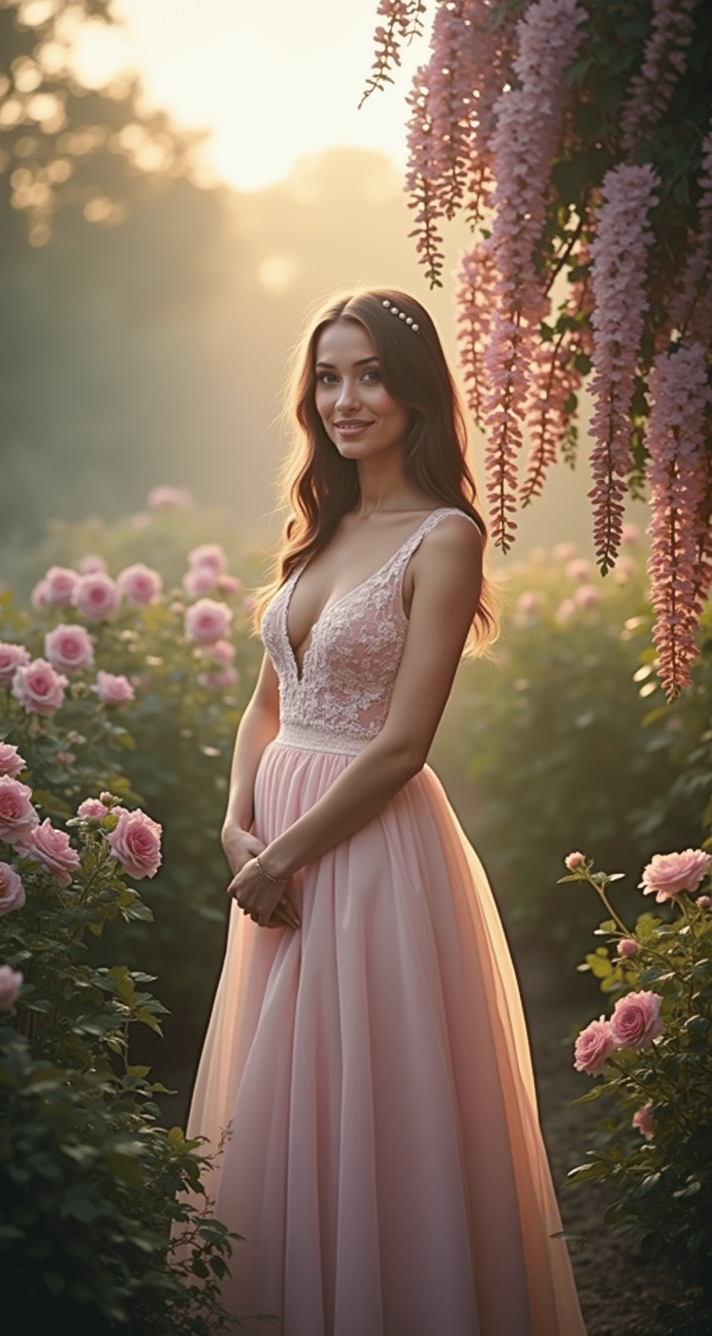 The Perfect Fairytale Wedding Dress: Making Your Princess Dreams Come True A model in a blush pink A-line gown with lace and pearl details stands amidst blooming rose bushes and wisteria in a misty garden at sunrise, with morning dew glistening on flower petals, captured in soft pastel colors and ethereal light.