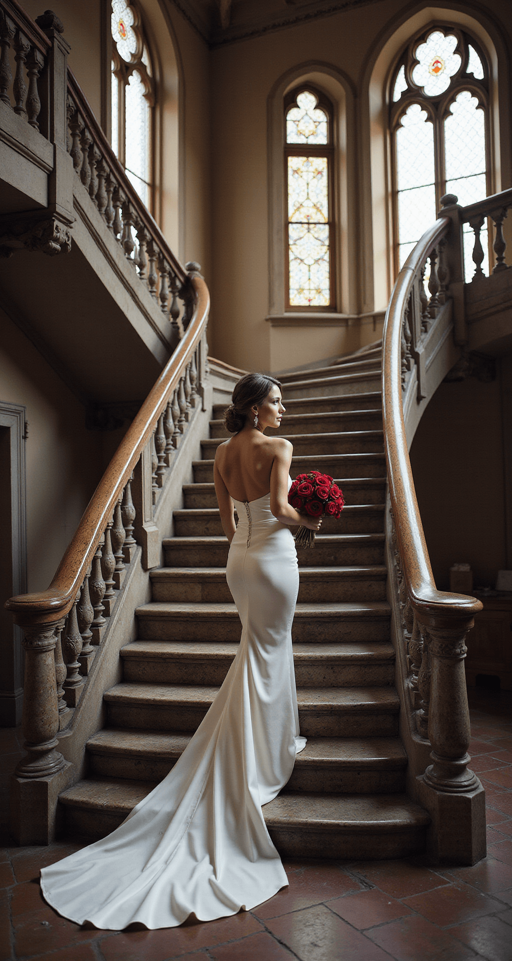 The Perfect Fairytale Wedding Dress: Making Your Princess Dreams Come True A bride in a fitted silk gown adorned with subtle red rose accessories descends an ornate marble staircase in a dramatic castle interior, framed by architectural elements and illuminated by natural light through stained glass windows; her classic white dress contrasts with a deep red bouquet, captured in high-end editorial style.