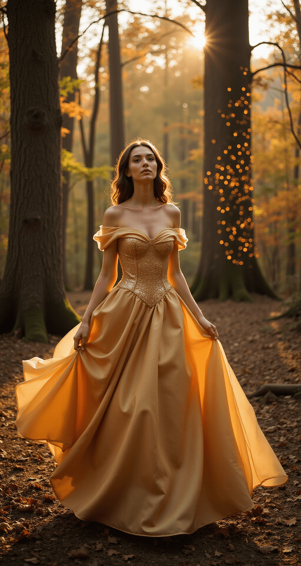 The Perfect Fairytale Wedding Dress: Making Your Princess Dreams Come True Model in a Belle-inspired gold-toned ball gown stands in an enchanted forest clearing at golden hour, surrounded by ancient trees adorned with twinkling lights, with rich autumn colors in the background, captured from a ground-level perspective to emphasize the height of the trees and the flow of the dress under cinematic lighting and a natural sun flare.