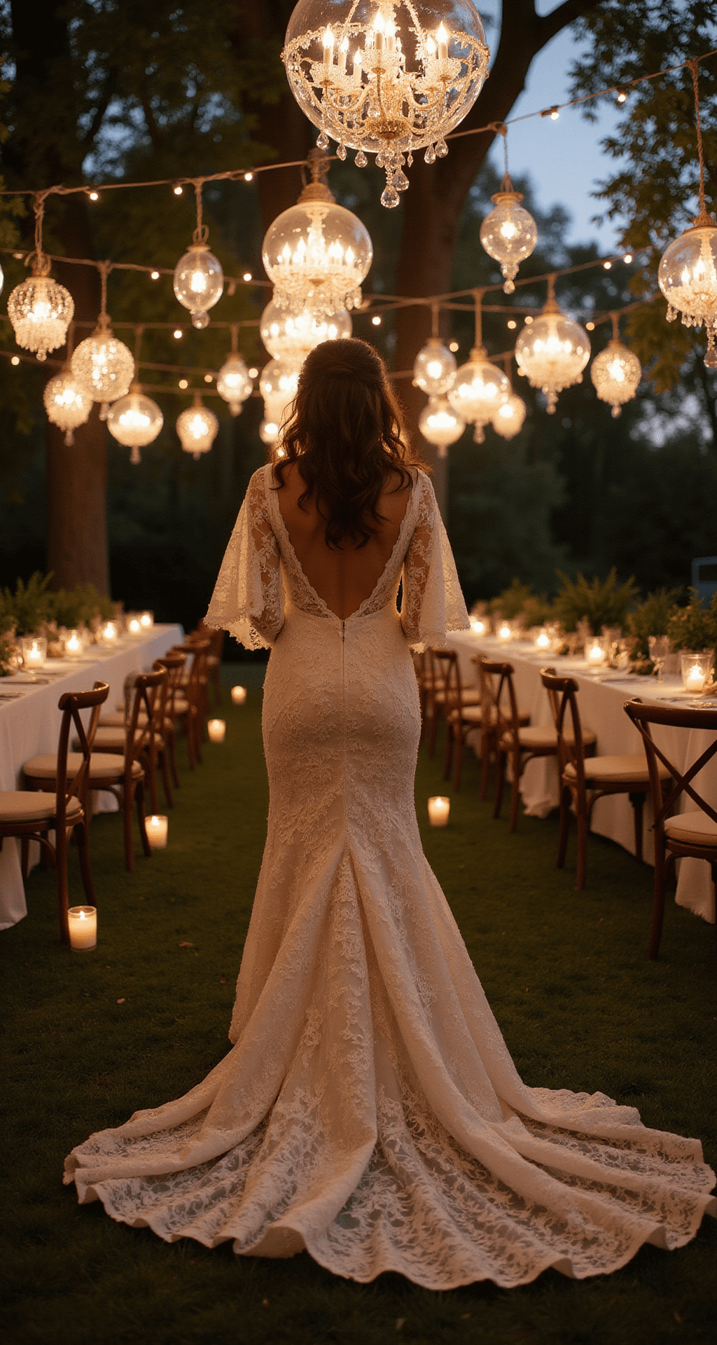 The Perfect Fairytale Wedding Dress: Making Your Princess Dreams Come True A romantic twilight garden reception featuring a bride in a fitted lace gown with a dramatic cape, surrounded by hanging crystal chandeliers and floating candles, illuminated by warm lights and globe string lights creating a bokeh effect.