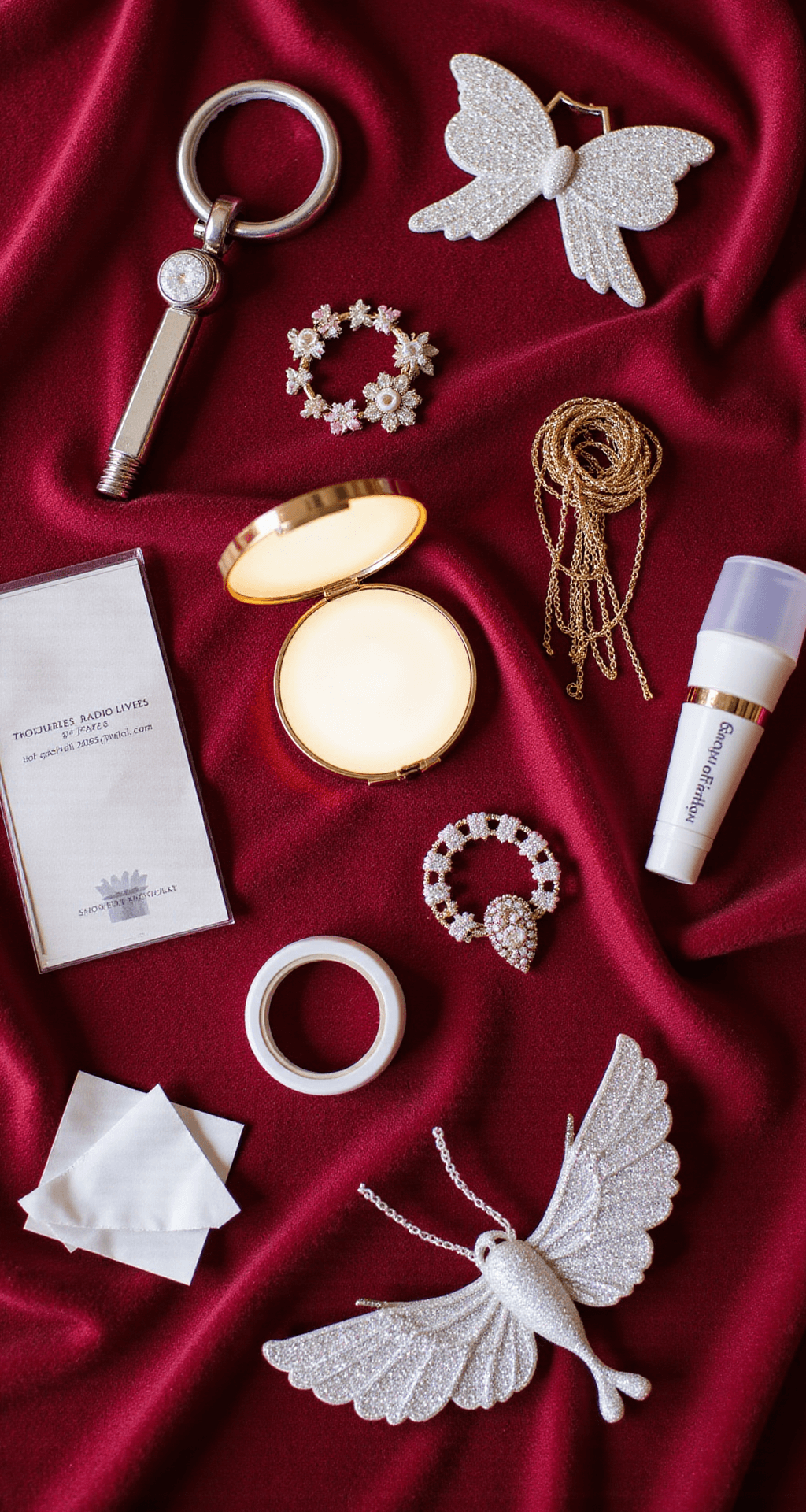 Creating Your Perfect Fairy Prom Dream Flat lay of a prom emergency kit on velvet fabric, featuring fashion tape, a mini sewing kit, blotting papers, backup jewelry, heel caps, and a small steamer, all arranged around a fairy-wing inspired compact mirror, with subtle sparkle from a ring light on metallic items.