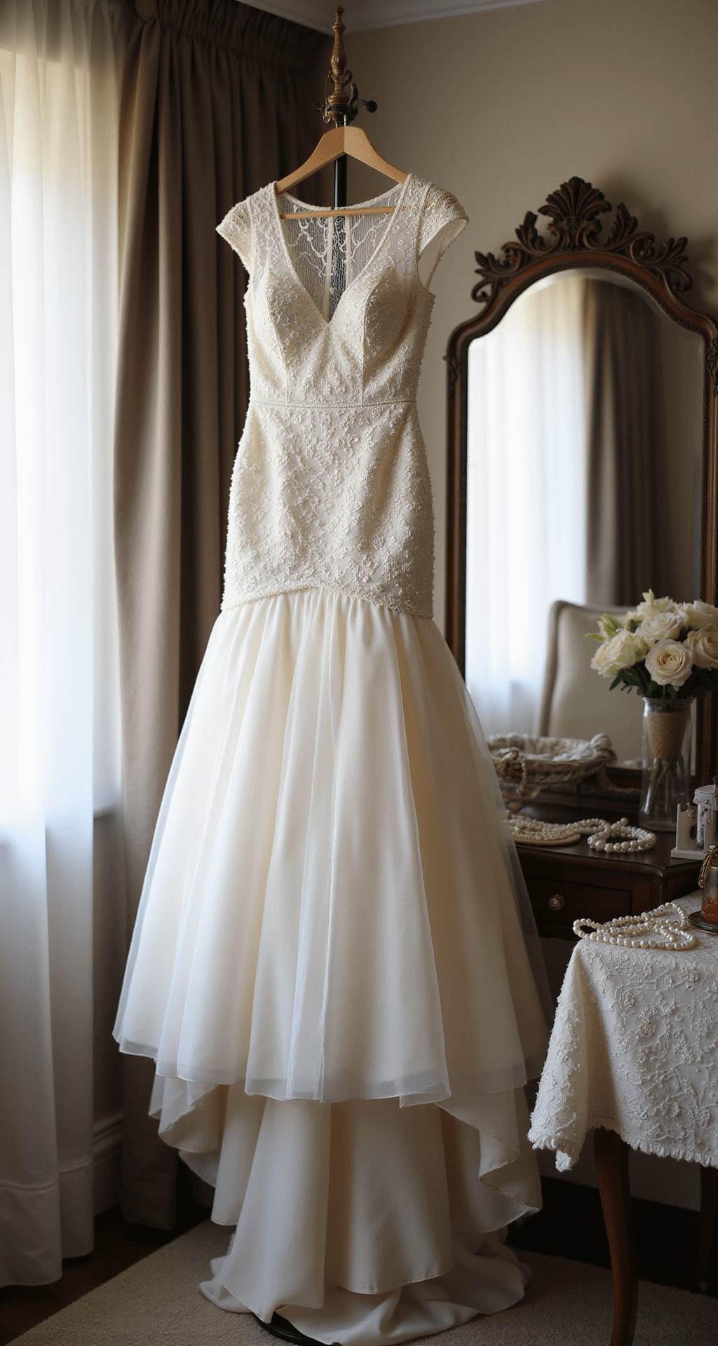 How to Rock a Fairytale Wedding Dress (Without Looking Like You Raided Cinderella's Closet) Close-up detail of a mixed-material wedding dress with geometric lace overlay and tulle, hanging on an ornate stand in a softly lit bridal suite corner. A vintage vanity table with pearl accessories is blurred in the background, emphasizing the fabric textures and beadwork captured with a macro lens.