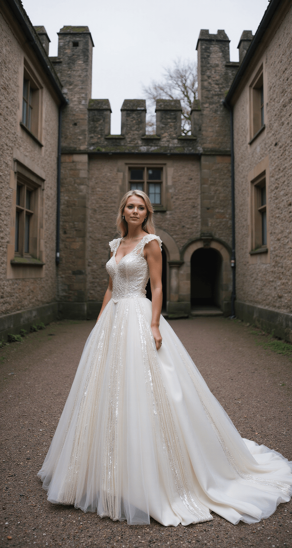 How to Rock a Fairytale Wedding Dress (Without Looking Like You Raided Cinderella's Closet) Bride in a modern ballgown with metallic threading and architectural pleating, posing in a historic castle courtyard under soft overcast light; ancient stone walls provide a textured backdrop, shot from ground level to highlight the dress's volume and the regal setting.