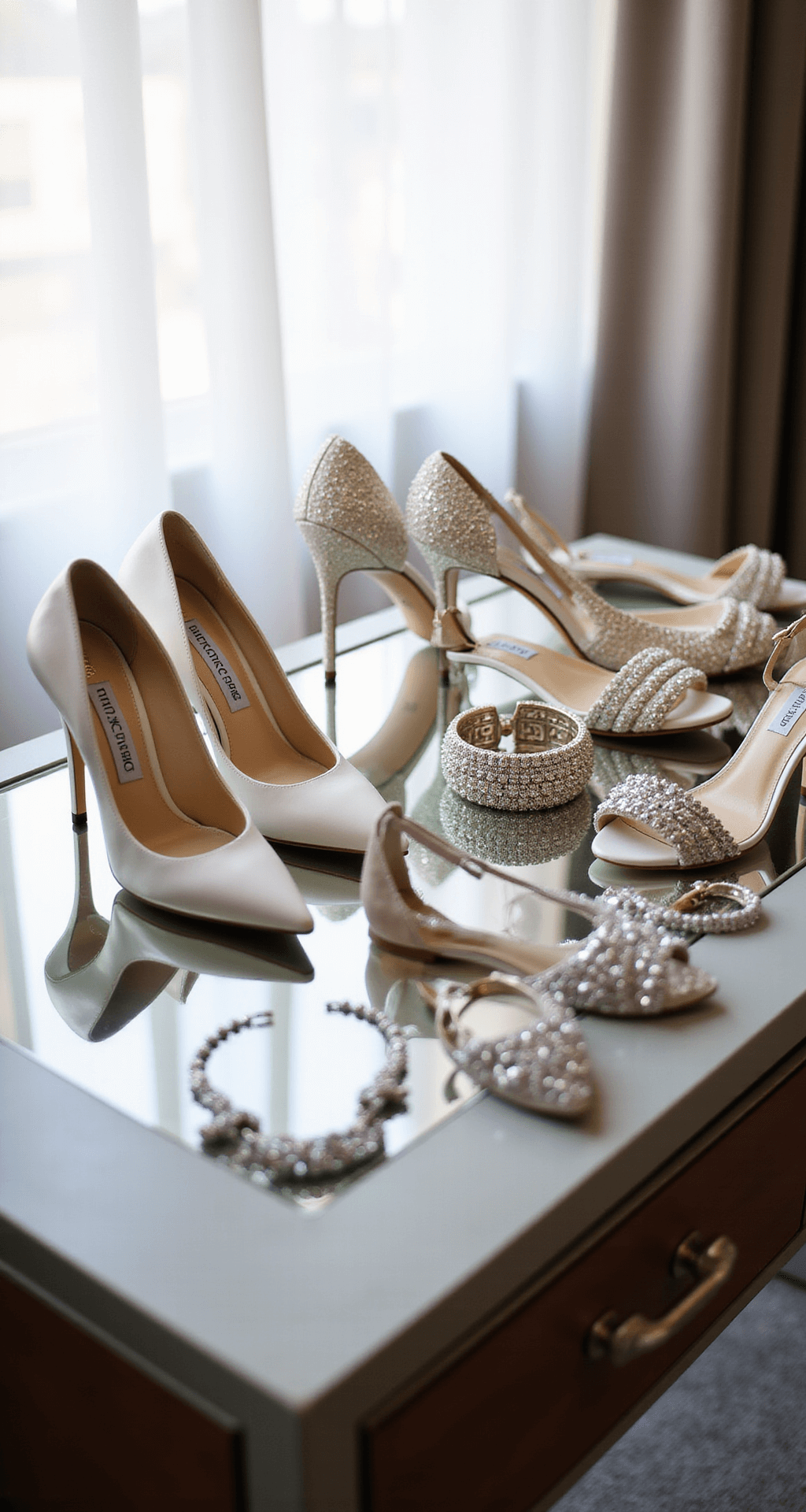 FINDING YOUR PERFECT JIMMY CHOO WEDDING SHOES: A BRIDE'S GUIDE A contemporary hotel suite bathed in mid-afternoon light, showcasing a behind-the-scenes setup with various pairs of Jimmy Choo bridal shoes on a mirrored vanity, including classic white Romy pumps and crystal-covered Aveline sandals, alongside wedding accessories, all captured in a lifestyle documentary style.