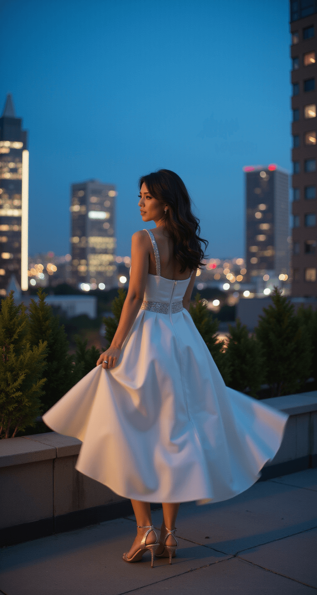 FINDING YOUR PERFECT JIMMY CHOO WEDDING SHOES: A BRIDE'S GUIDE Bride in a modern minimalist gown gracefully walks on an urban rooftop garden at blue hour, her metallic Jimmy Choo Lance sandals captured in motion. The scene features cool evening tones contrasted with warm city lights, creating a dynamic and editorial-style atmosphere.