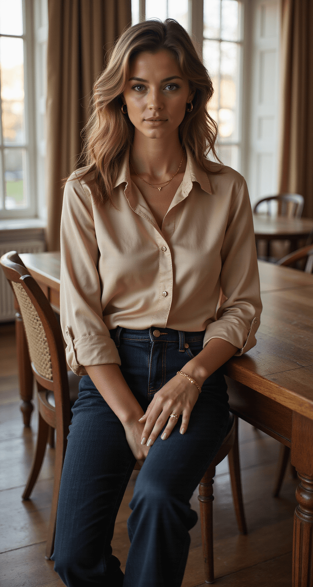 The Ultimate Guide to Dinner Party Outfits: Dress to Impress Without the Stress A woman in dark jeans and a champagne silk blouse sits at a wooden dining table, illuminated by warm evening light from floor-to-ceiling windows. She wears minimal gold jewelry and nude leather flats, styled with loose waves and neutral makeup, creating a refined yet relaxed atmosphere.