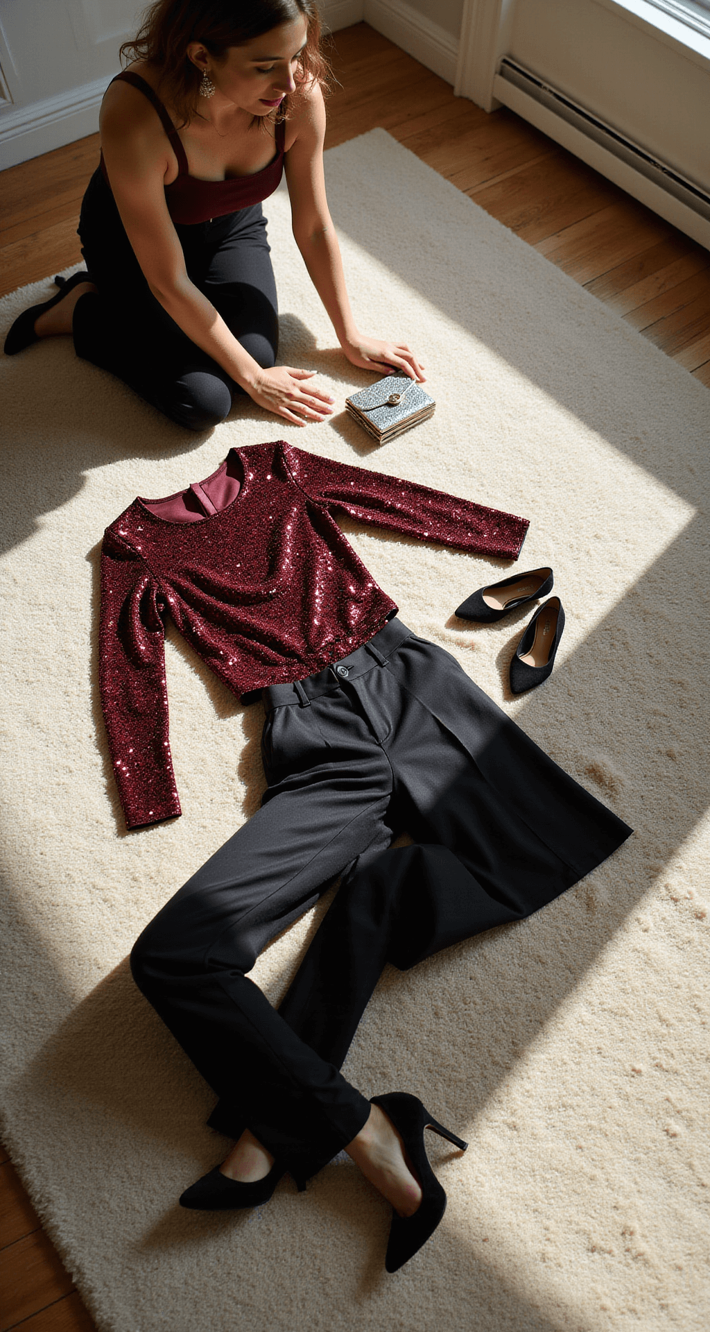 The Ultimate Guide to Dinner Party Outfits: Dress to Impress Without the Stress Overhead shot of a sun-filled modern apartment’s plush cream carpet featuring a burgundy sequined top next to high-waisted black wool trousers, with pearl drop earrings, black suede pumps, and a vintage silver clutch arranged artfully, all illuminated by warm golden hour sunlight.