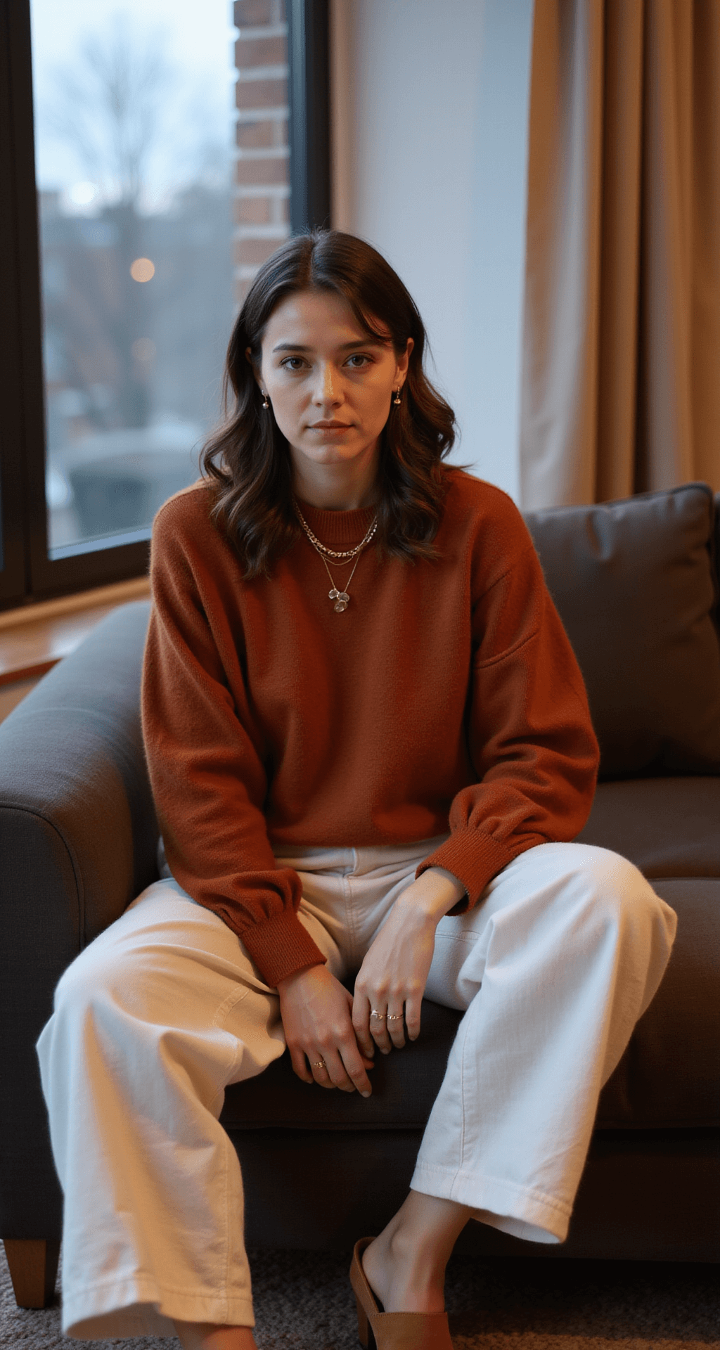 The Ultimate Guide to Dinner Party Outfits: Dress to Impress Without the Stress Cozy urban townhouse living room at dusk with a person seated on a velvet sofa, wearing a rust-colored cashmere sweater and cream wide-leg linen pants, styled with minimal gold jewelry and tan suede mules, capturing a sense of natural movement and comfort in soft window light.