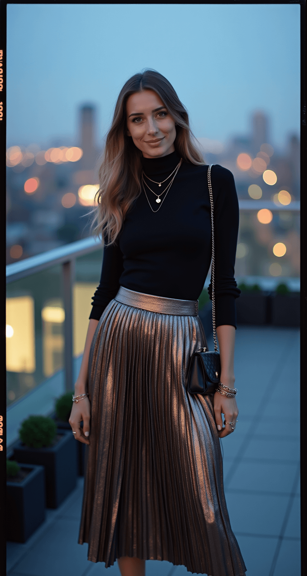 The Ultimate Guide to Dinner Party Outfits: Dress to Impress Without the Stress A woman stands on a contemporary rooftop terrace during blue hour, wearing a metallic pleated midi skirt and a fitted black turtleneck sweater. She accessorizes with layered bracelets, black leather ankle boots, and a small quilted crossbody bag, with colorful city lights in the background.