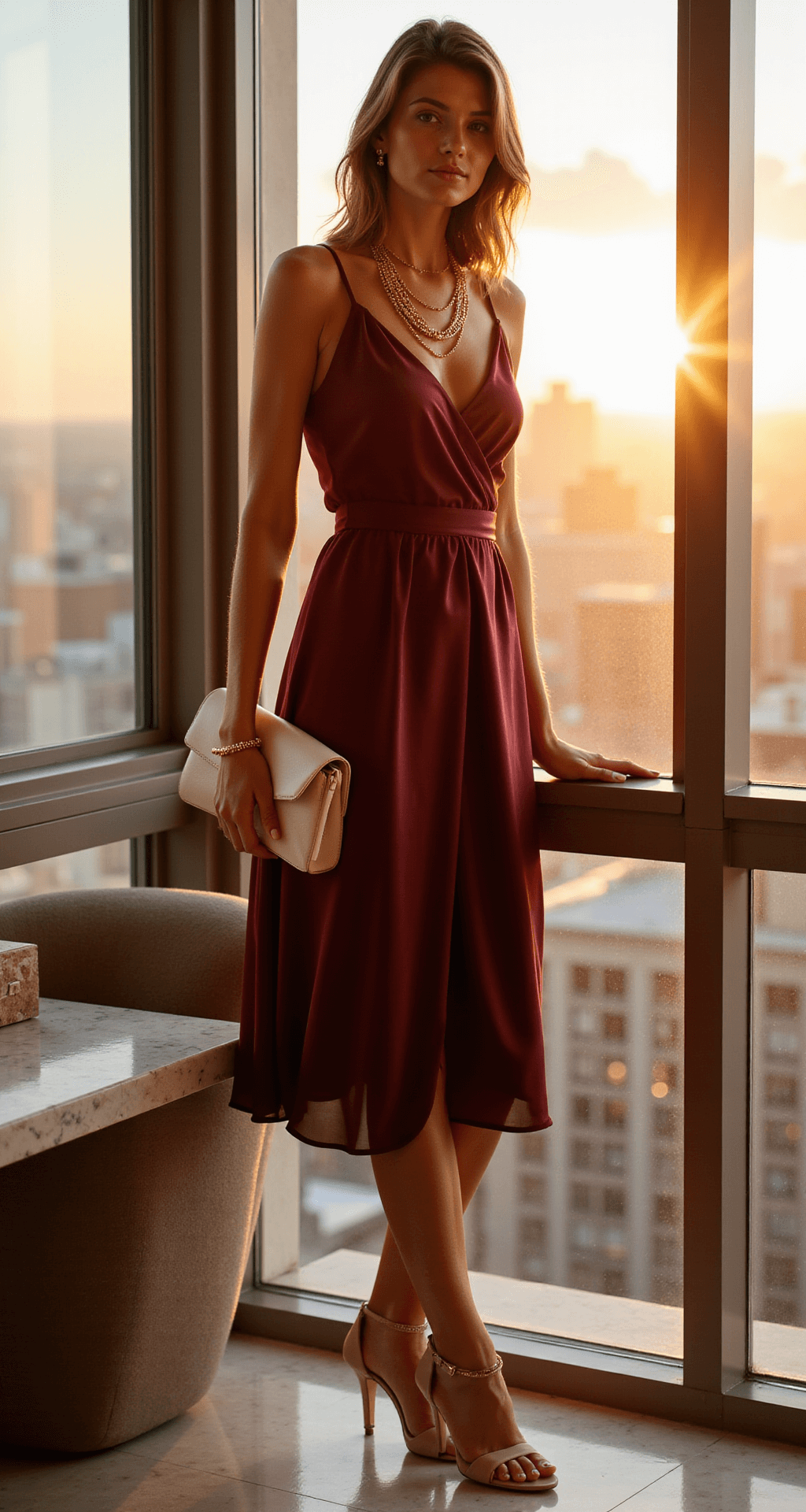 15 Stunning Dinner Party Outfits That'll Make You The Best-Dressed Guest A woman in a burgundy silk midi dress stands by floor-to-ceiling windows of an elegant penthouse apartment at golden hour, with nude strappy sandals and gold layered necklaces, as a structured cream leather clutch rests on a marble console, showcasing modern furniture and city views in warm, natural lighting.